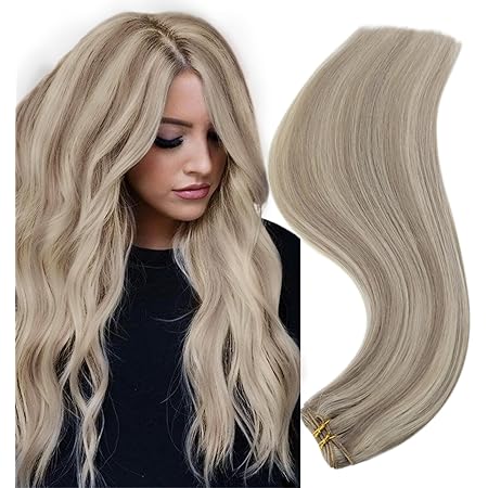 RUNATURE Weft Blonde Hair Extensions Straight Weft Hair Extensions Human Hair 16 Inch 100g Grey Blonde with Platinum Blonde Long Sew in Weft Human Hair Extensions Sew in Weft Remy Hair Extensions