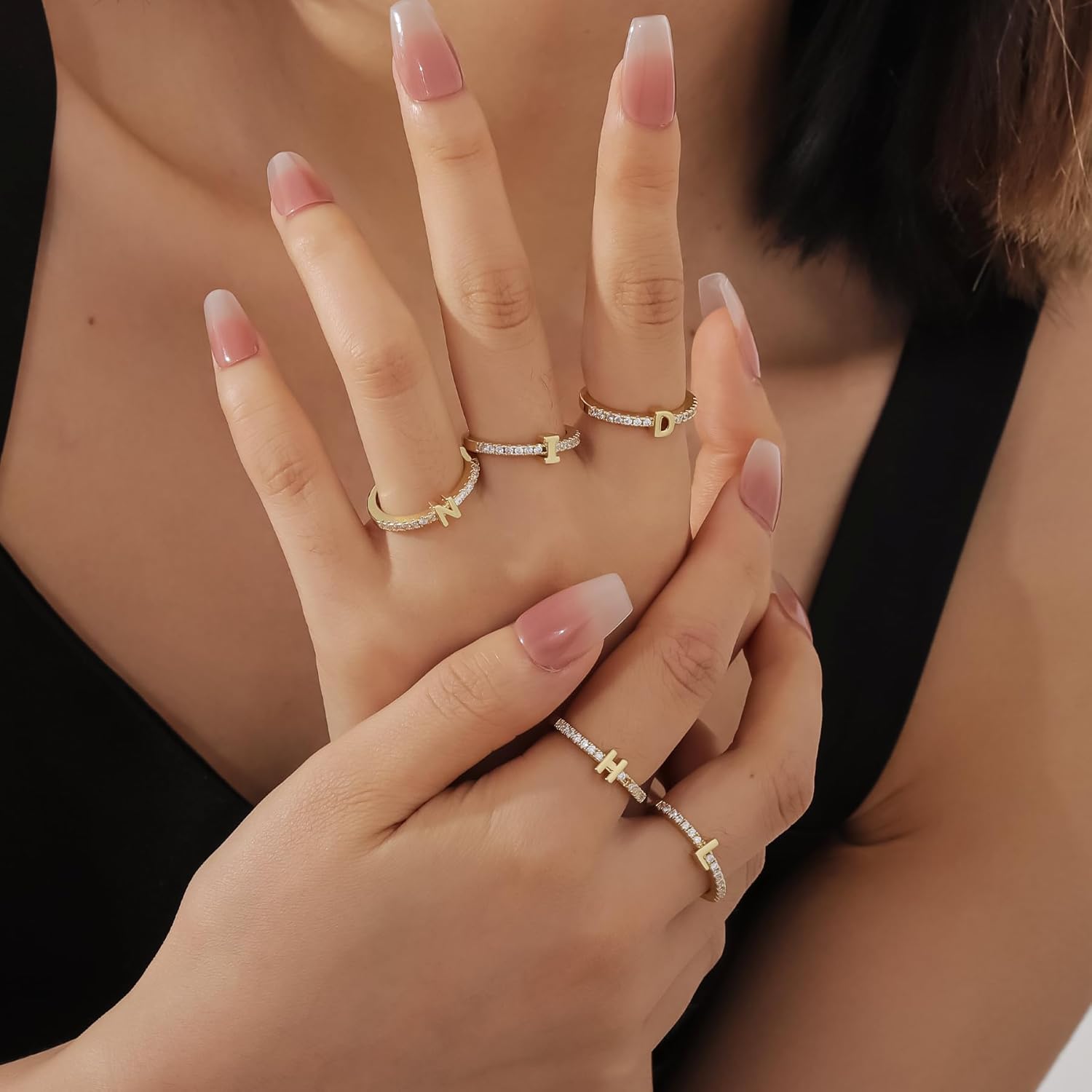 Letter Rings for Women - Adjustable Gold Rings with Non-Tarnish Coating (M) - Image 2