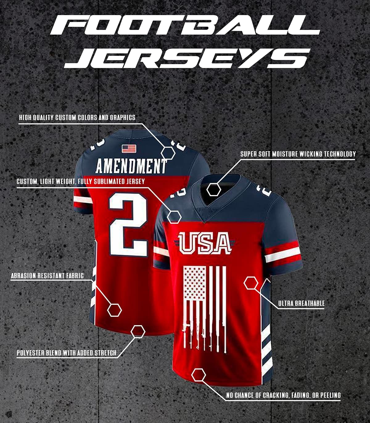 Greater Half Custom Custom 2nd Amendment Football Jersey (Small-XXXXL)
