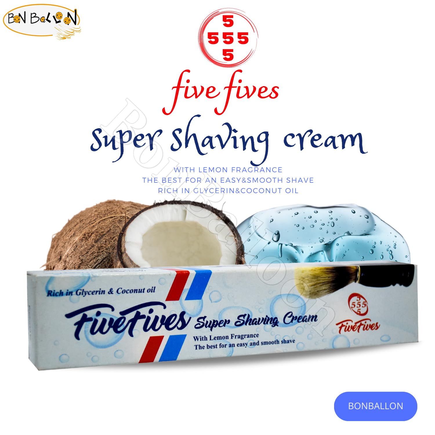 Bonballoon Five Fives - Crema da barba fresca 55555, ogni tubetto da 50 g, olio di cocco con glicerina, per una rasatura più morbida e rasata, 55555, Fabricad 50 g (confezione da 3)
