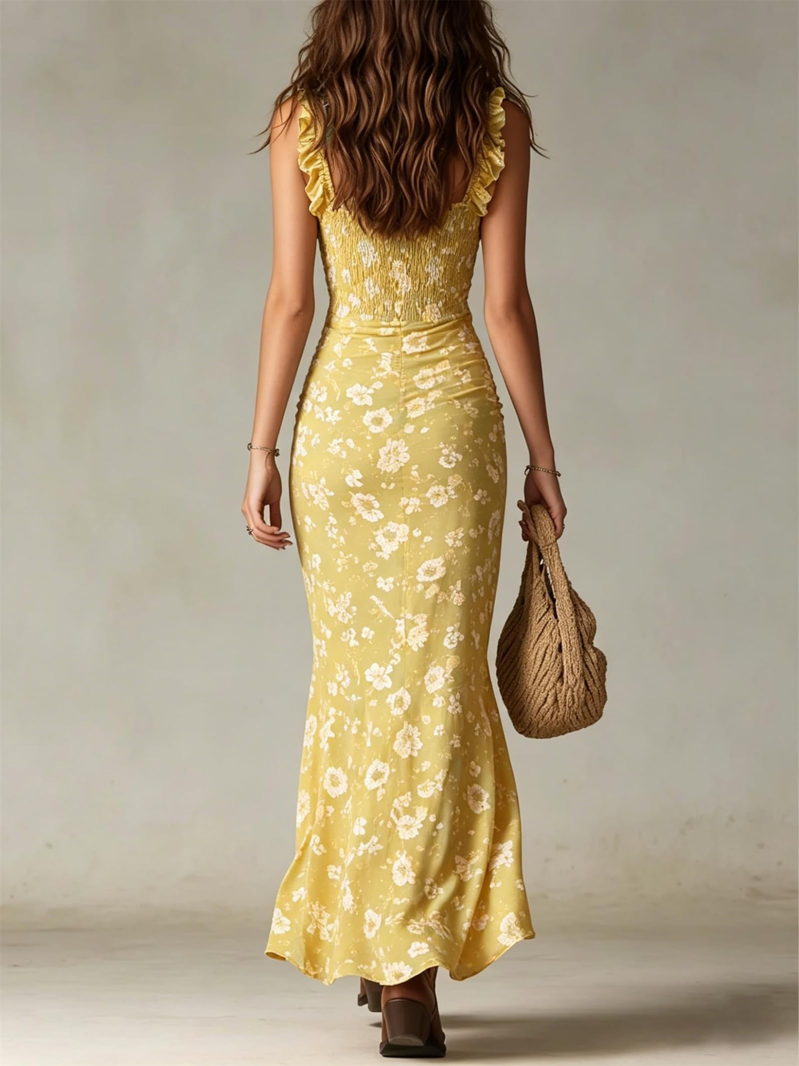 Vestido largo bohemio floral para mujer, con tirantes fruncidos, vestido de verano para vacaciones