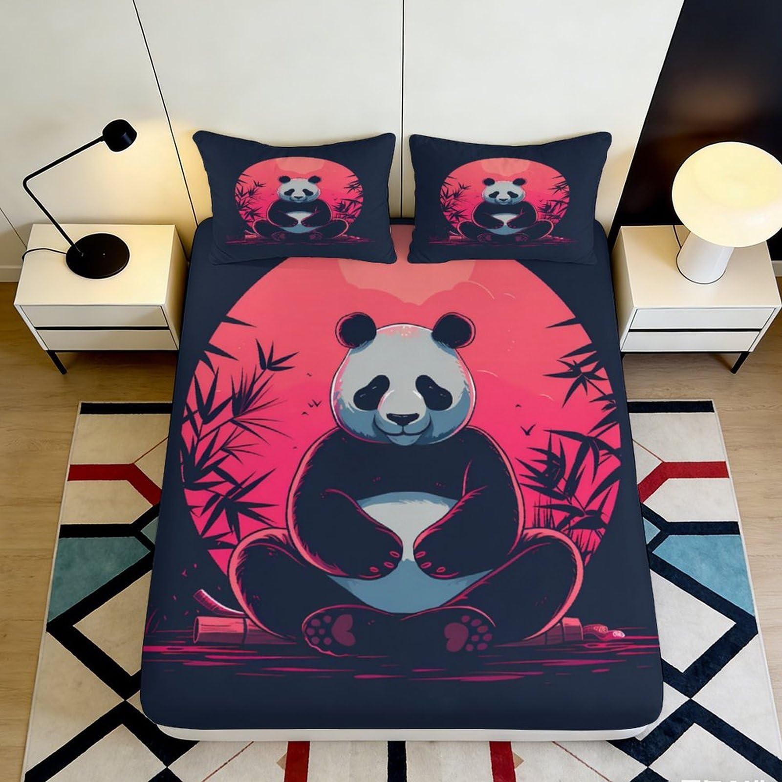 3D Printed Panda Design Fitted Sheet Microfiber Soft Durable Nighttime Bed Cover with 3D Printed Bamboo Forest Mattress Cover for Bedroom Dormitory Guest Room 90x200x25cm