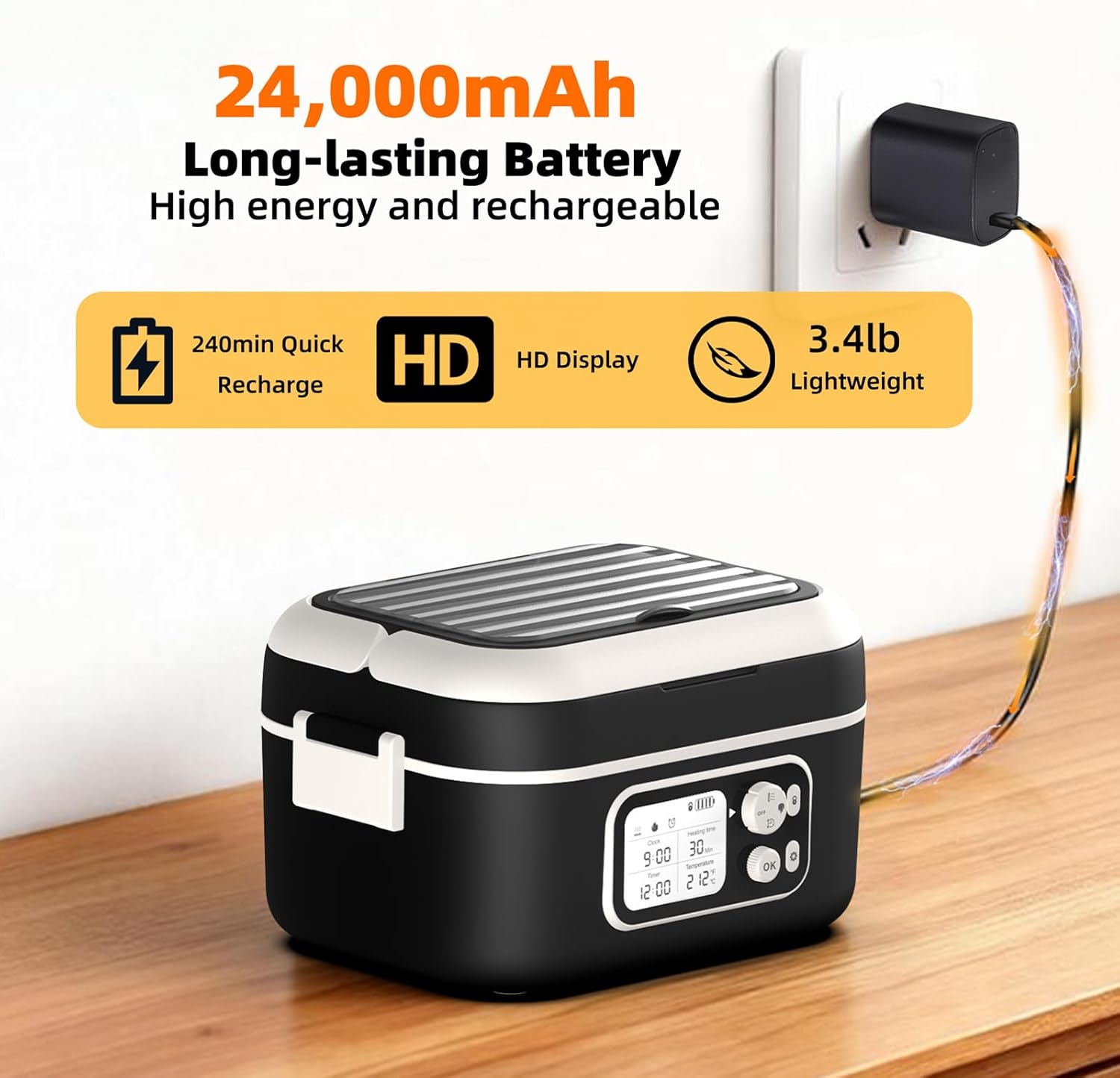 Electric Heated Lunch Box for Men, 6.3 Cup 100W Cordless Lunch Box Food Warmer with 24000mAh Battery for Self Heating, Including Cutlery, Insulated Bag and Divider for Women Adults(Black+White) - Image 5