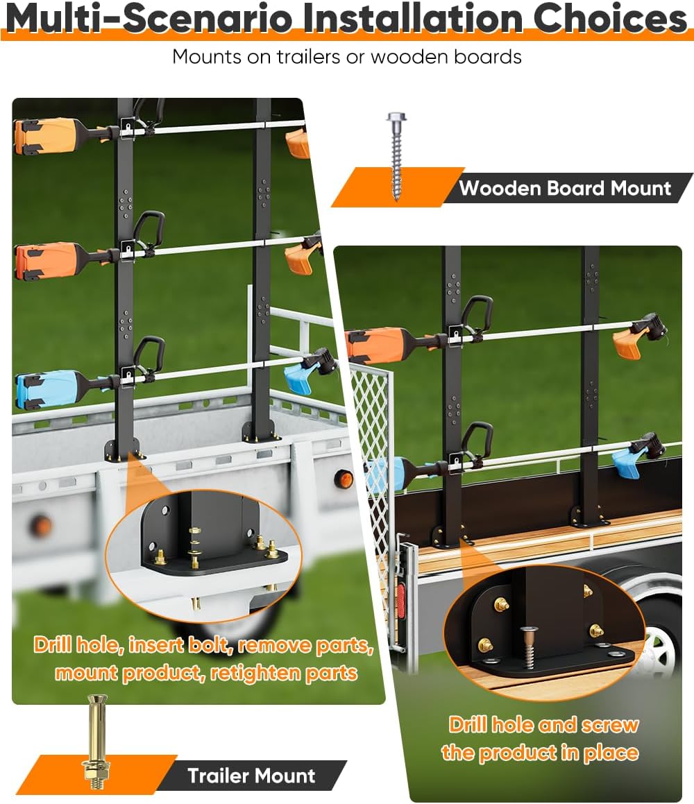 Mondazie 3 Place Weed Eater Rack for Trailer, Utility Open Trailer Trimmer Racks with Lockable Snap Buckle Mount On Landscape Truck Trailer, Weedeater Rack Holder with L-Shaped Base for Lawn Equipment