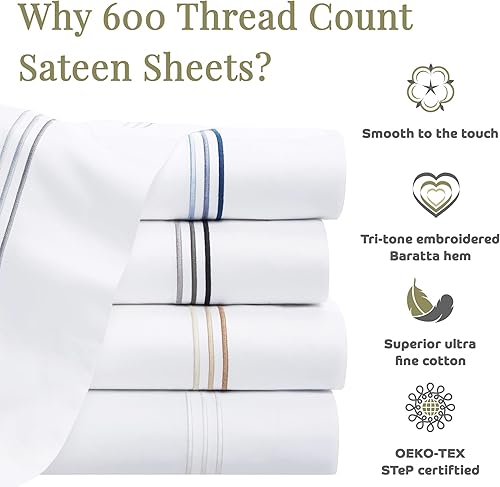 Miniatura 4 de Aston & Arden Juego de sábanas de satén, 100% algodón de 600 hilos, lujosas sábanas sedosas de hotel, blanco prístino con dobladillo de 3 rayas