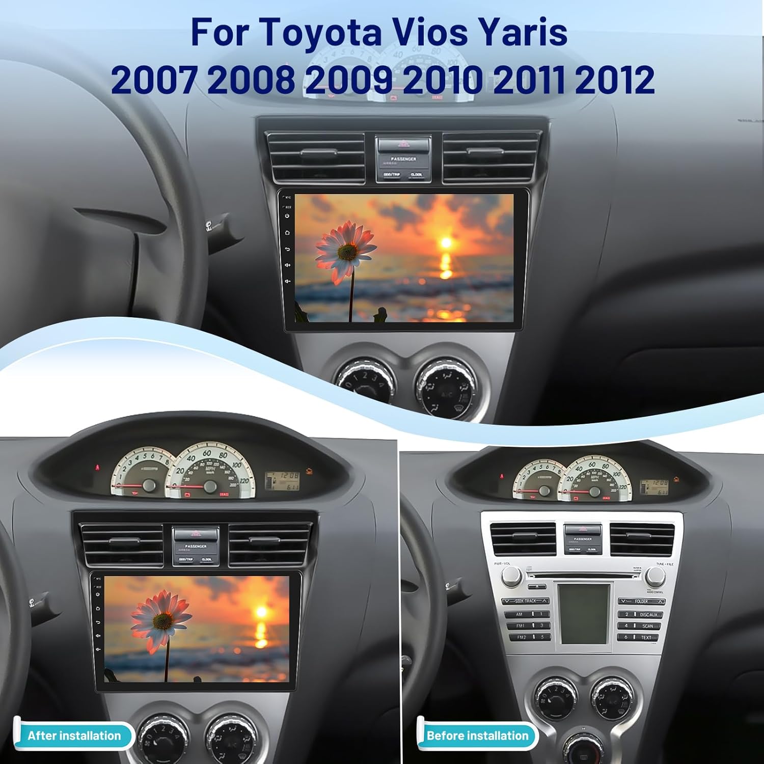 [4+64] Car Radio for Toyota Vios Yaris 2007 2008 2009 2010 2011 2012, Volxcereo 9 inch Touch Screen Stereo with Carplay/Android Auto, Bluetooth 5.0, SWC, FM/RDS Radio