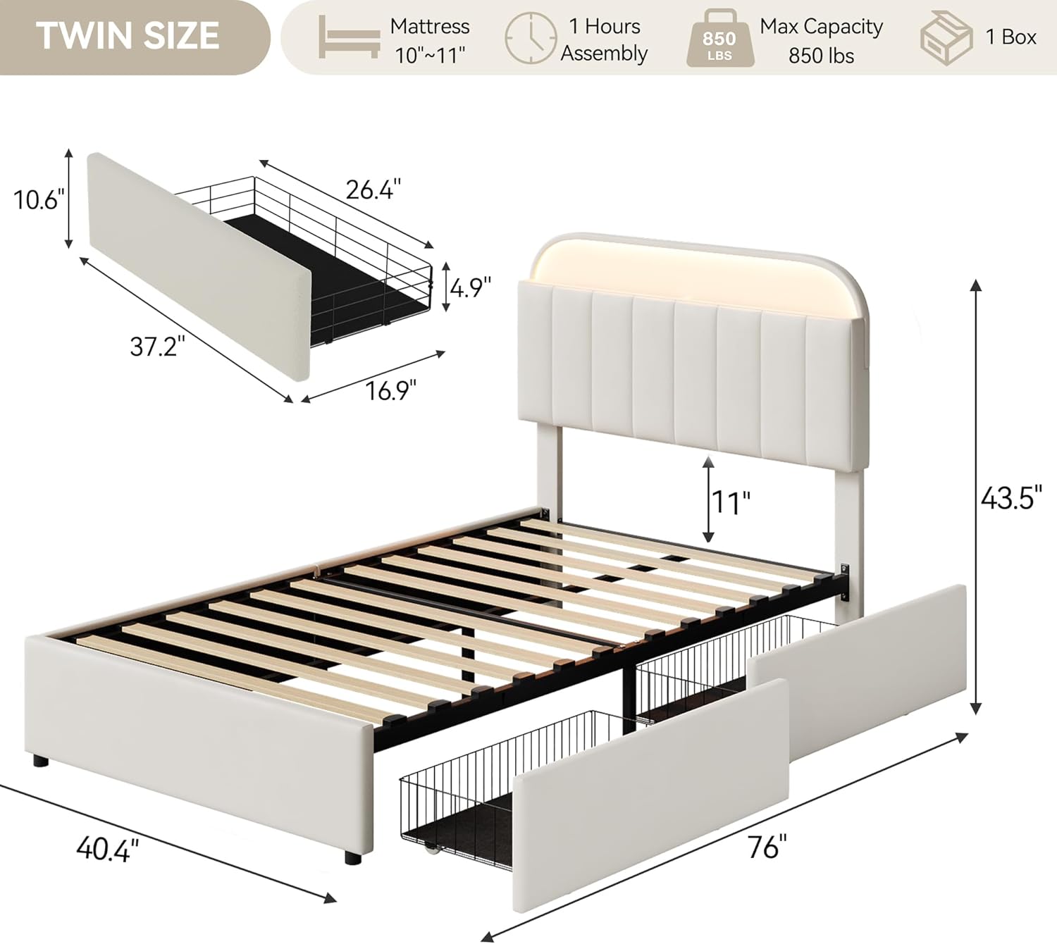 GarveeHome Twin Bed Frame with Storage Headboard, Kids Bed Frame with 2 Drawers, Velvet Upholstered Platform Bed Frame with Lights, No Box Spring Needed, Easy Assembly, Velvet White