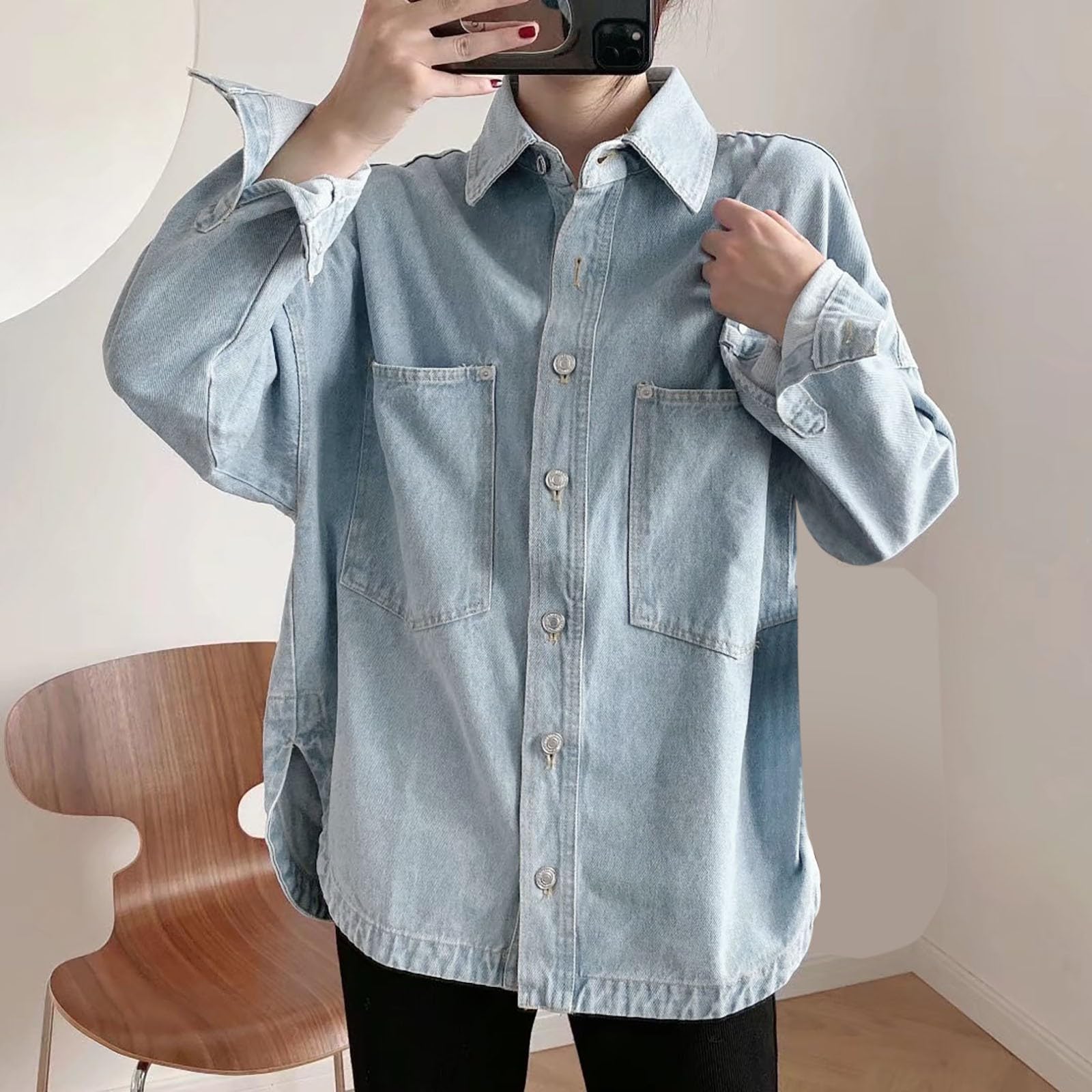 Blusa vaquera para mujer, larga, oversize con bolsillos en el pecho, parte superior con botones, manga larga, chaqueta vaquera, camisa vaquera, camisa vaquera, camisa vaquera, camisa vaquera, camisa