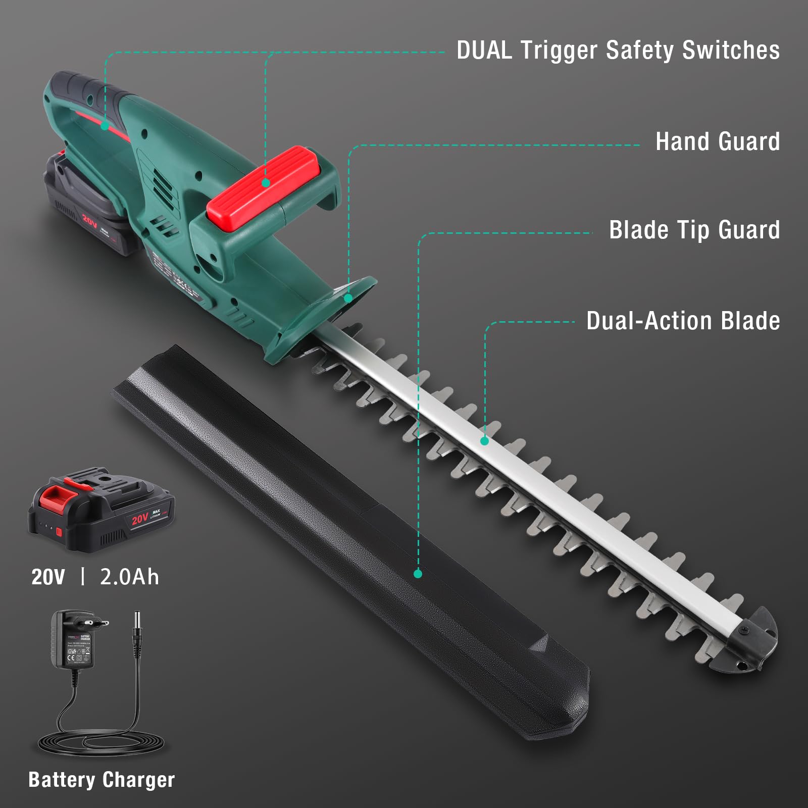 Akku Heckenschere, POSENPRO Elektro Heckenschere Elektrischer Heckenschneider, 45cm Schnittlänge, 20V Akku 2,0 Ah mit Ladegerät, 14mm Zahnabstand Dual Schnittklingen, Ideal für Hohe Hecken