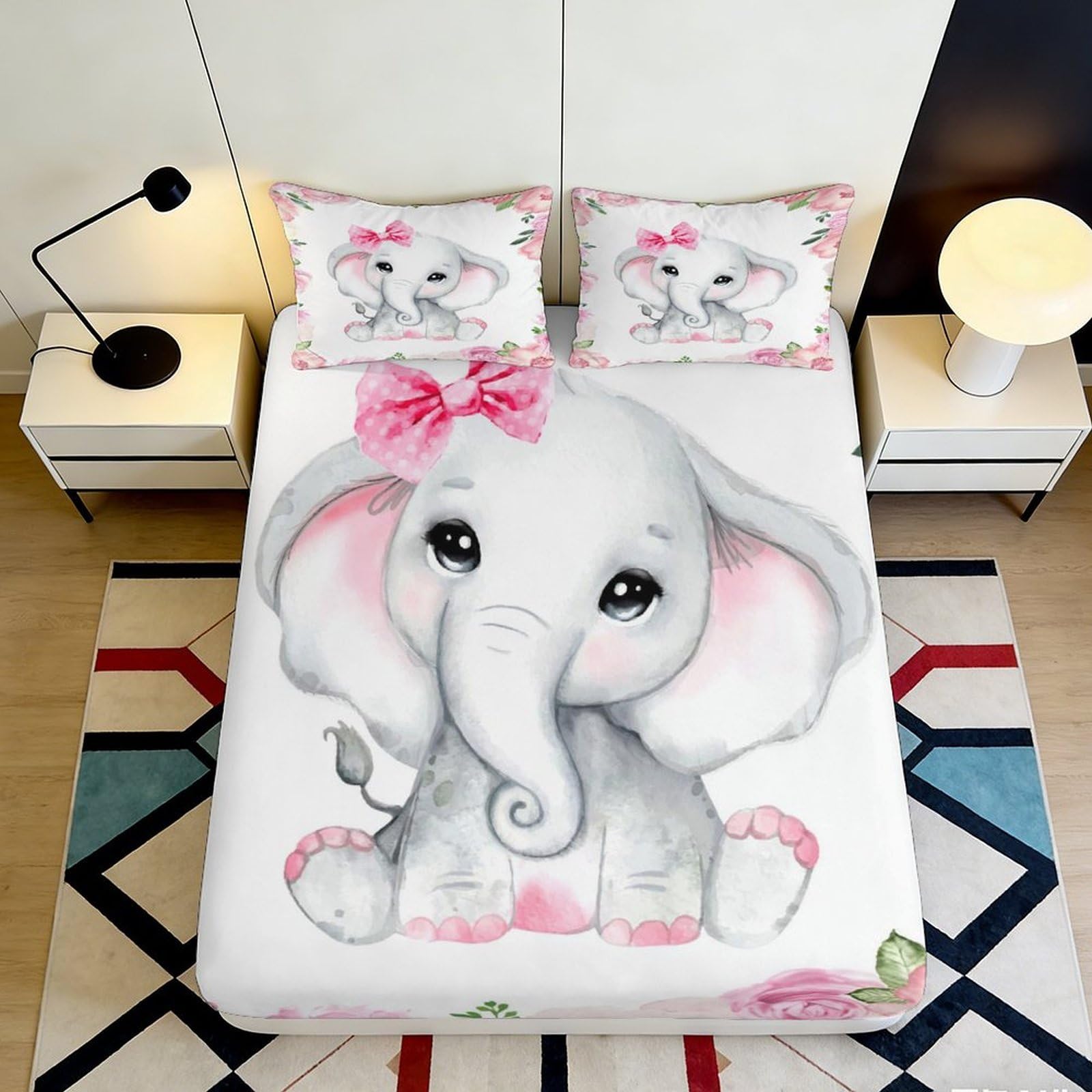 3D Printed Cute Elephant Fitted Sheet Microfiber Soft Cartoon Animal Mattress Cover for Bedroom Dorm Rental Room Mattress Protection Decor 90x200x25cm
