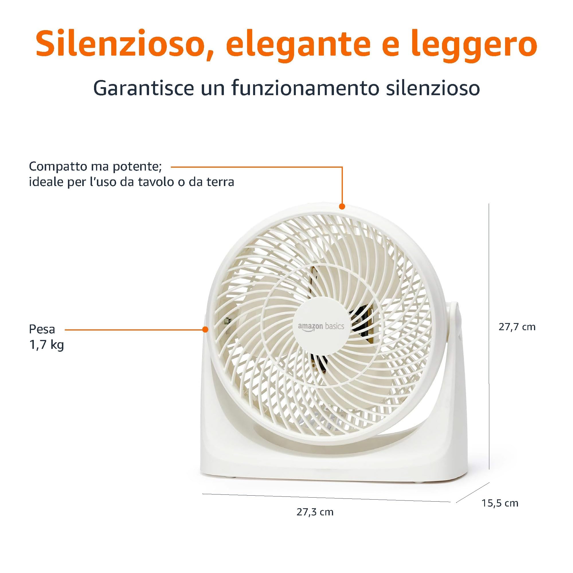 Amazon Basics Ventilatore da tavolo portatile, 18 cm, raffreddamento silenzioso, 3 impostazioni di velocità, inclinazione variabile a 90°, Bianco, 15,49 x 27,3 x 27,69 cm