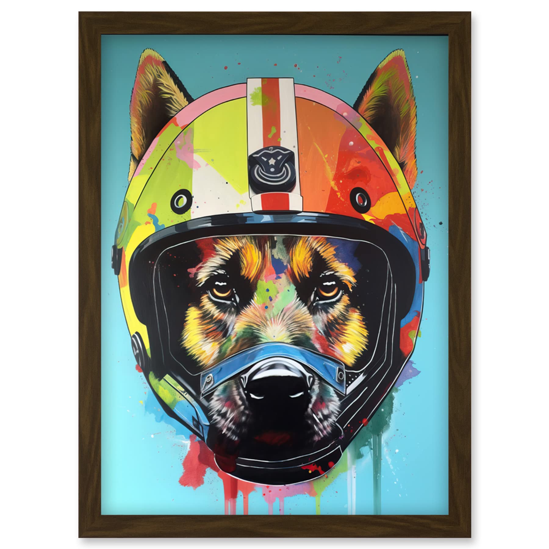 Artery8 German Shepherd Wearing Motorbike Helmet Pop Art Artwork Framed Wall Art Print A4