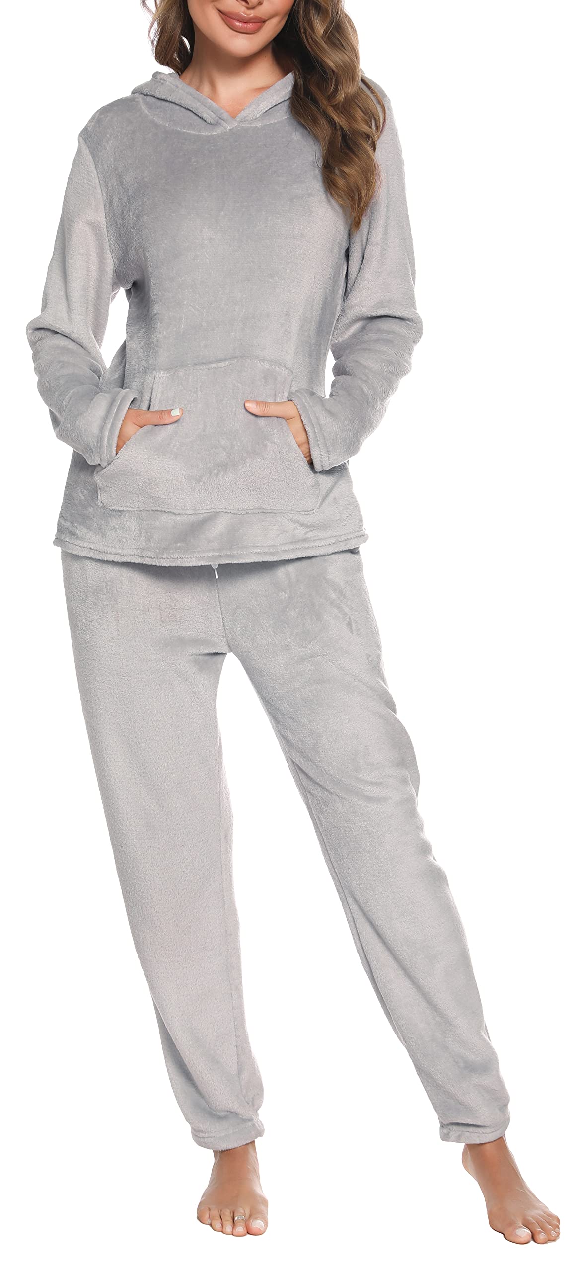 Lovasy Fleece Schlafanzug Damen Lang Winter Warmer Pyjama Set Flauschiger Frottee Schlafanzüge für Damen mit Taschen