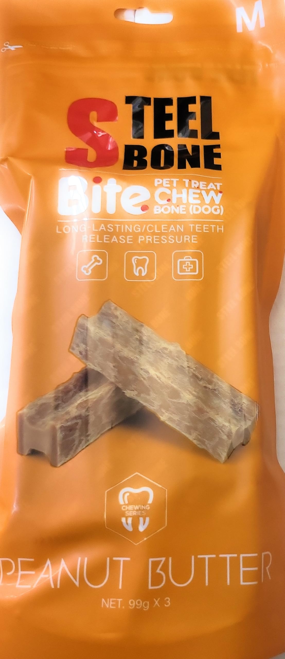 Steel Bone Peanut Butter Dog Chew Treats, Long-Lasting Dental Care, 99g x 3 Pack