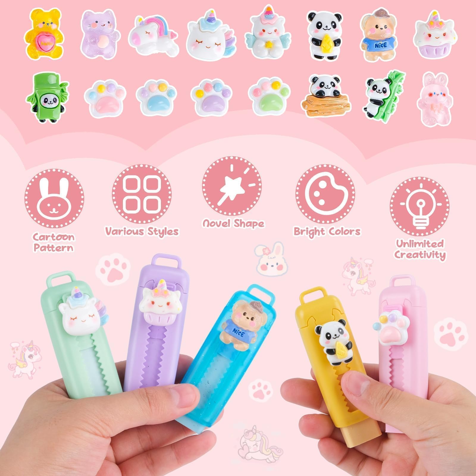 16 Gomme da Cancellare Retrattili per Bambini, Gadget Compleanno Bambini, Motivi 3D Unicorno Panda Orsetto, Gomma da Cancellare, Regalini Fine Festa Scuola 6-10 Anni