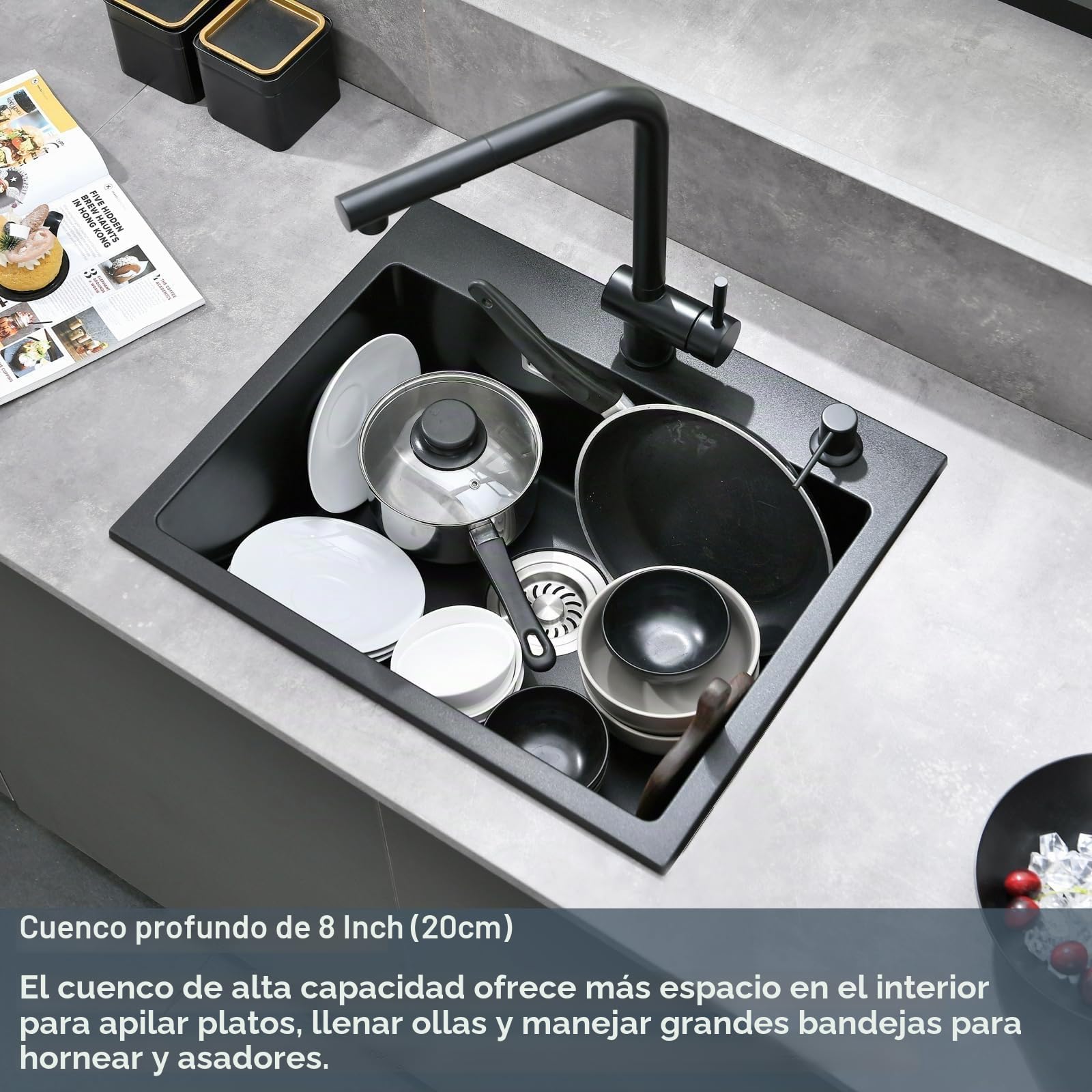 Fregadero de granito negro 50x45cm, fregadero negro, fregadero de cocina rectangular, moderna instalación empotrada de granito, lavabo de cocina, fregadero de cocina pequeño, lavabo individual con 2