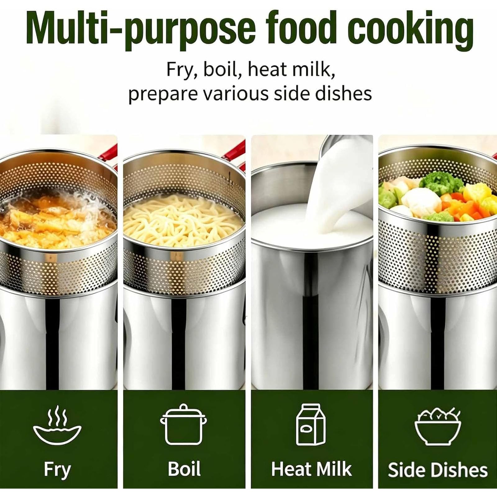 Set Mini Friggitrice Personale – Pentola in Acciaio Inox Con Cestello Scolapiatti Estraibile E Pinze Per Alimenti, Pentola Con Filtro Per L'olio E Cestello Per Friggere (5Pcs)