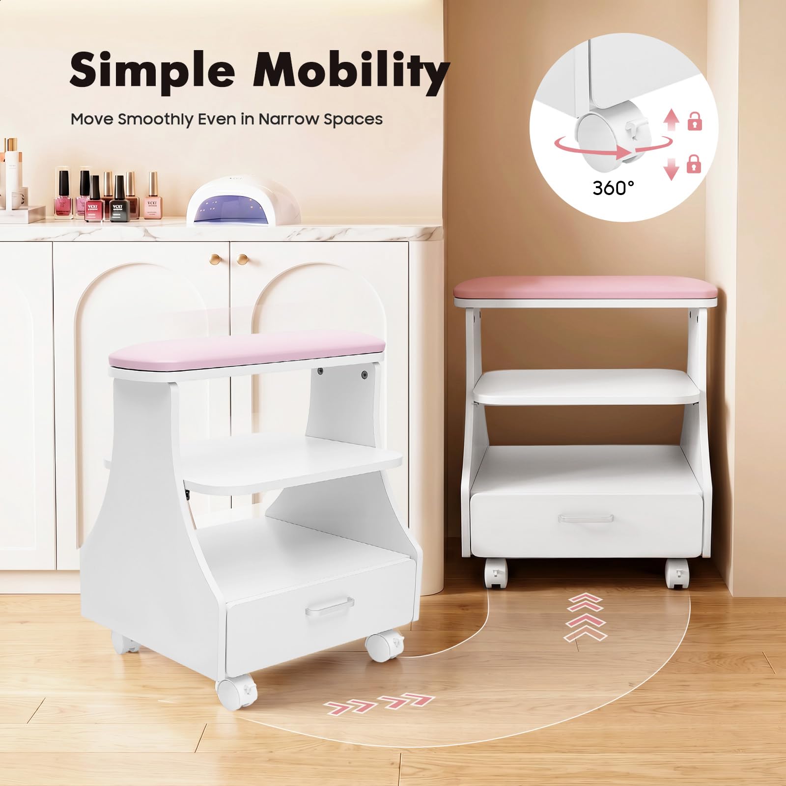 Allargare poggiapiedi | Beauty Salon Rolling Trolley | Pedicure Sgabello | Poggiapiedi manicure tavolo con 4 ruote e 1 cassetto, pediluvio Spa Portable Trolley Cart per pediluvi (rosa)