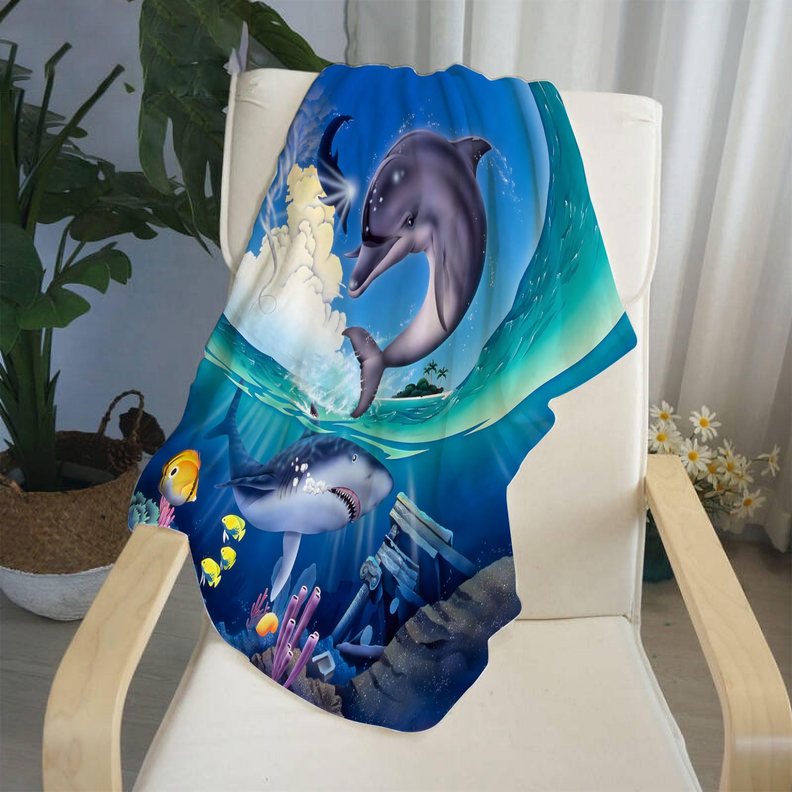 Couverture Dauphin 150x200 cm, Couverture en Flanelle avec Animaux Marins pour Enfants Garçon Fille, Couverture en Polaire d'Animaux Marins de l'Océan, Couverture Douillette, Couvre-canapé