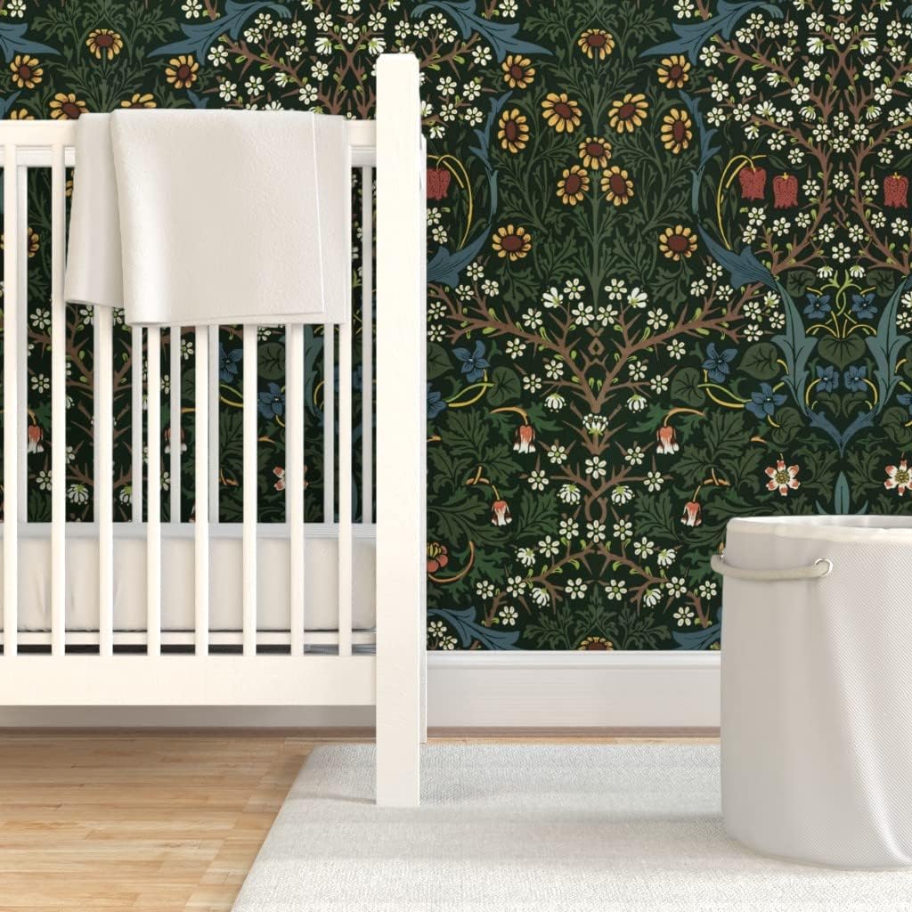 Spoonflower Peel & Stick Wallpaper 3ft x 2ft - William Morris Vintage Antique Victorian Tulips Damask Evergreen Forest Green Maximalist Folk Art Custom Removable Wallpaper