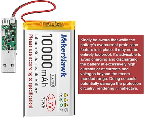 Miniatura 5 de MakerHawk Batería LiPo de 3.7V 10000mAh recargable 1S 3C Baterías de polímero de litio con placa de protección cinta de goma aislada, enchufe PH2.0
