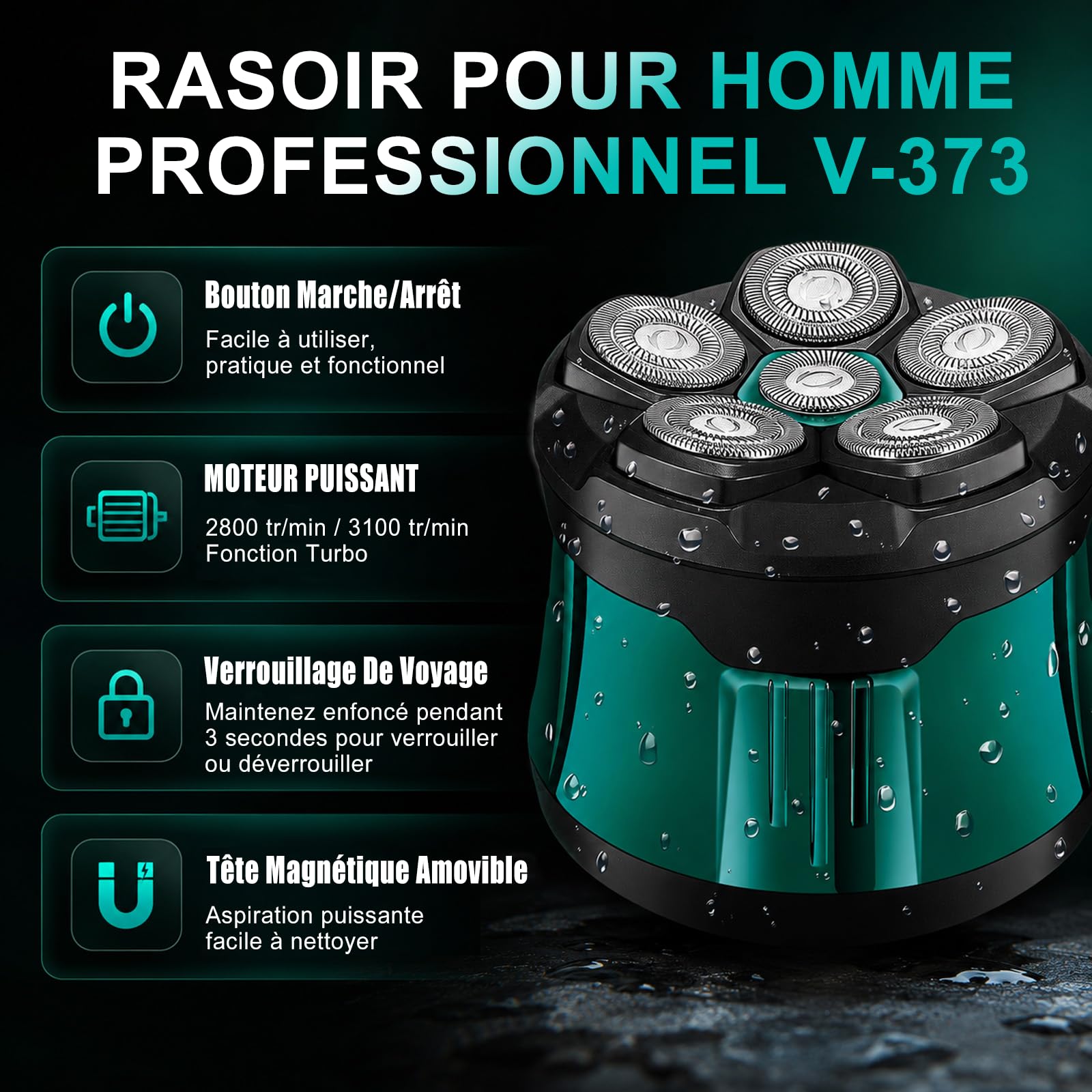 VGR 373 Rasoir Tete Chauve Homme Flottante 6D Étanche IPX5 Avec Écran LED
