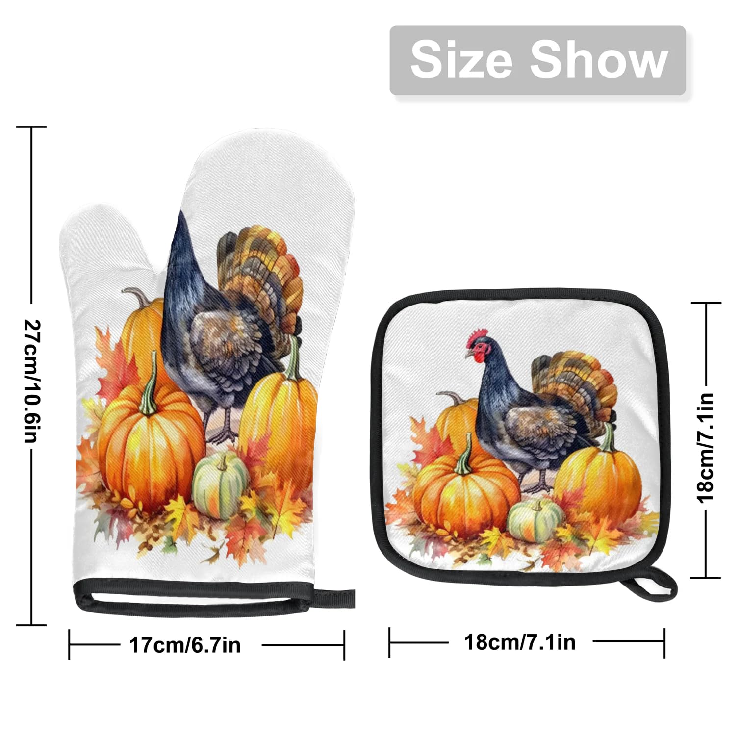 Turkey Pumpkin Watercolor Oven Mitts Kitchen Oven Gloves for Cooking Baking Heat Proof Lining Cotton Kitchen Potholder Mittens Pot Holders Hot Pads for Chef Women Men