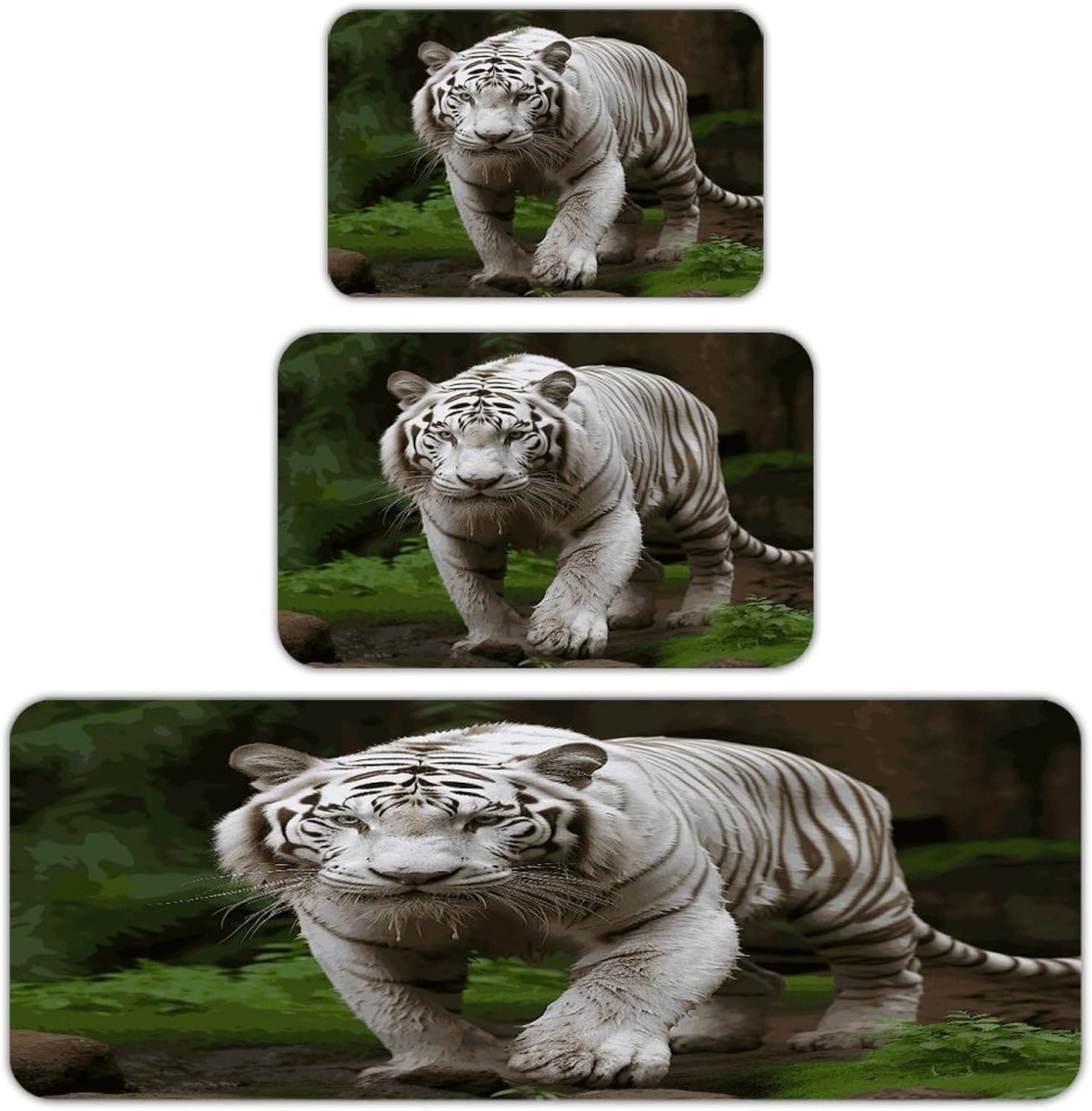 Majestic White Bengal Tiger Kitchen Rugs Set of 3 Non Slip Washable Kitchen Mats for Floor Soft Area Rug Kitchen Floor Mat Cushioned Anti Fatigue Mats Standing Sink Mat Decor Runner Rugs