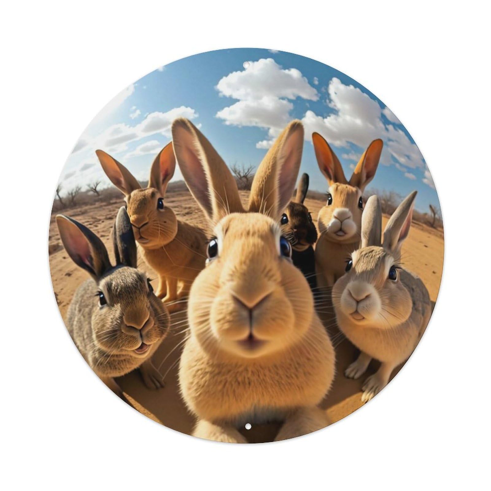 Funny Animal Rabbit Family Selfie Vintage Metal Tin Sign Plaque Wall Decor for Cafe, Club, Garden Round Metal Poster 8x8Inch