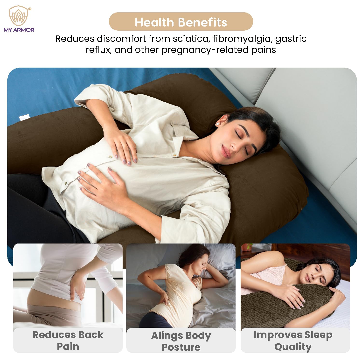 MY ARMOR Full Body G Shaped Pregnancy Pillow for Maternity & Baby Nursing | Abdomen, Hip, Spine, Neck & Head Support Cushion for Pregnant Women | Premium Velvet Outer Cover with Zip | Brown
