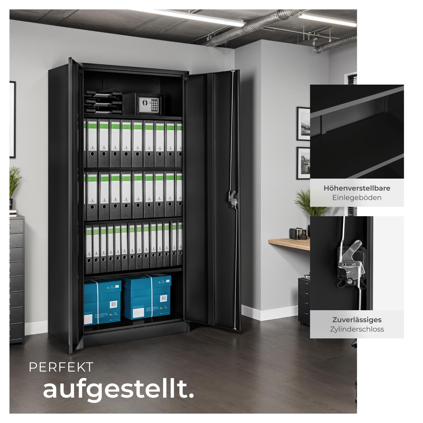 tectake® Aktenschrank, 180 x 90 x 40 cm, Büroschrank abschließbar, Mehrzweckschrank aus Stahl, Allzweckschrank, mit 2 Türen, Ink. 5 höhenverstellbare Einlegeböden, Aktenschrank abschließbar - schwarz