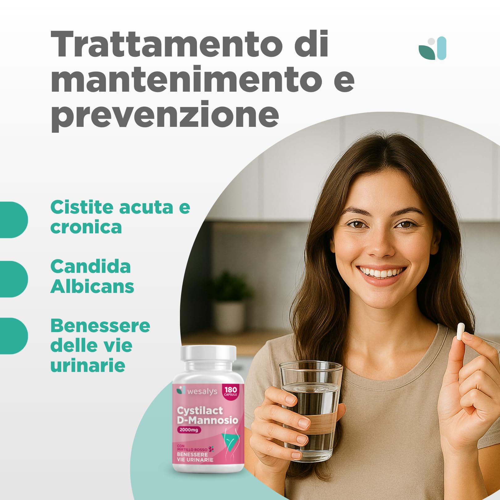 D Mannosio Puro 2000mg | Cistite, CYSTILACT® - 180 CAPSULE con Mirtillo Rosso, Probiotici ed Acido ialuronico | per il benessere delle Vie Urinarie | 100% Vegan, Wesalys
