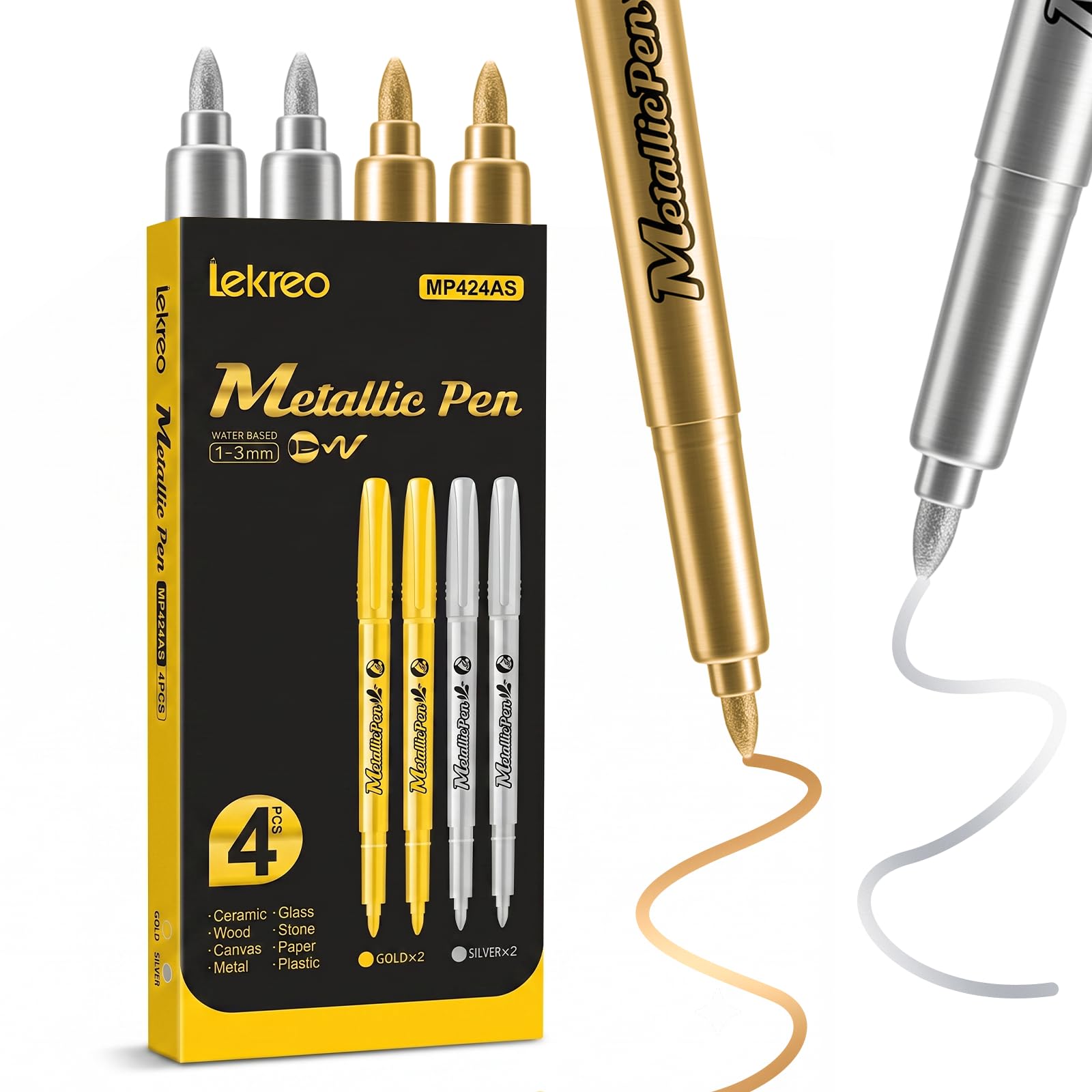 Lekreo Gold and silver metallic acrylic paint pens, 1mm nib, 4-piece pack