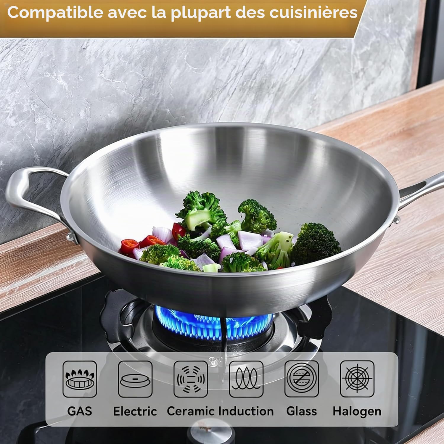 LOLYKITCH Wok 34 cm Inox 18/8, Sans Revêtement, Induction, Couvercle | acier 18/8 , structure triple fond, adapté tous feux, passe au four et lave-vaisselle, cuisson homogène et durable
