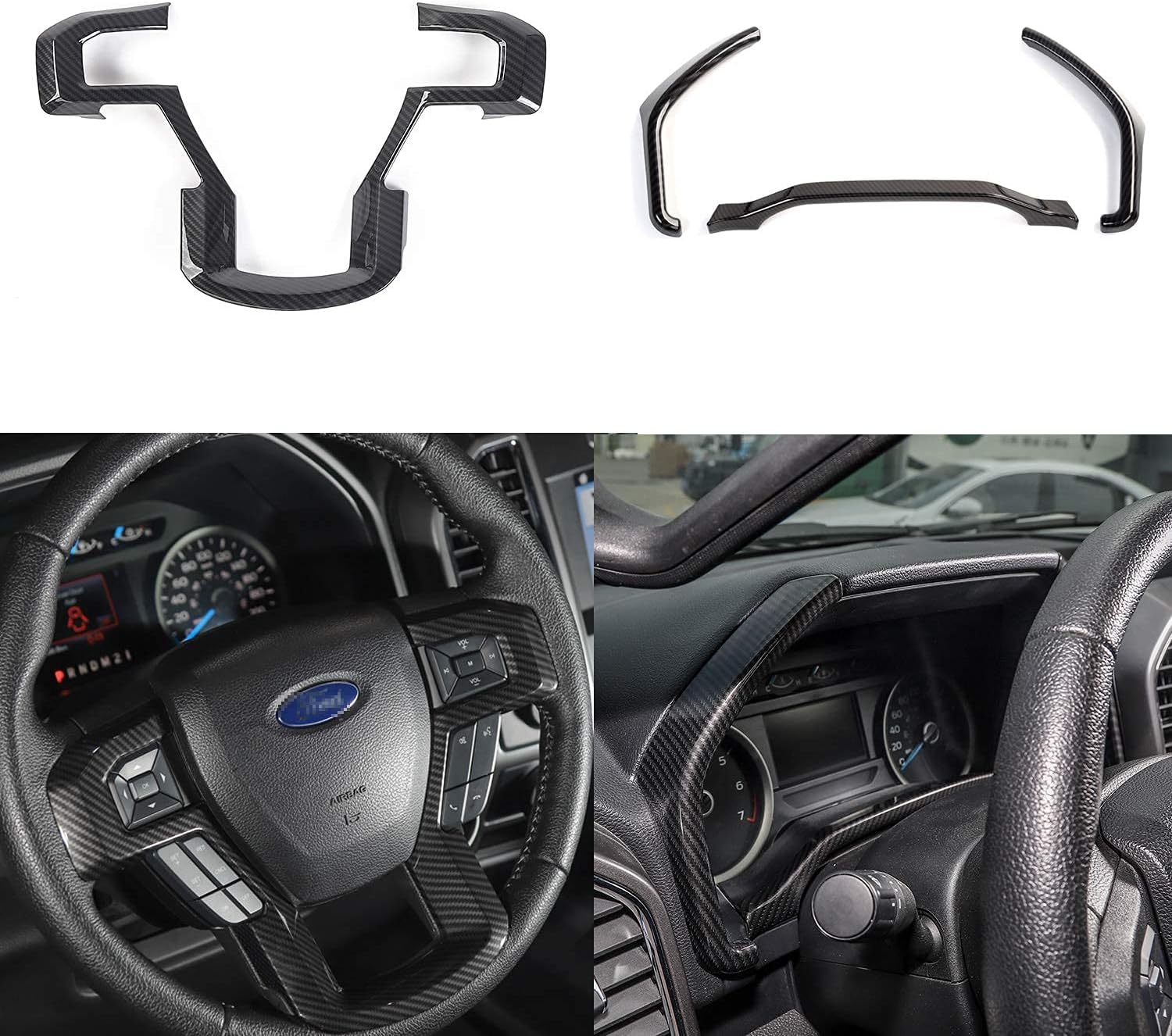 Keptrim for F-150 ABS Carbon Fiber Steering Wheel Trim Dash Board Cover for 2015-2019 Ford F150, 2017-2019 F250 F350, 4pcs