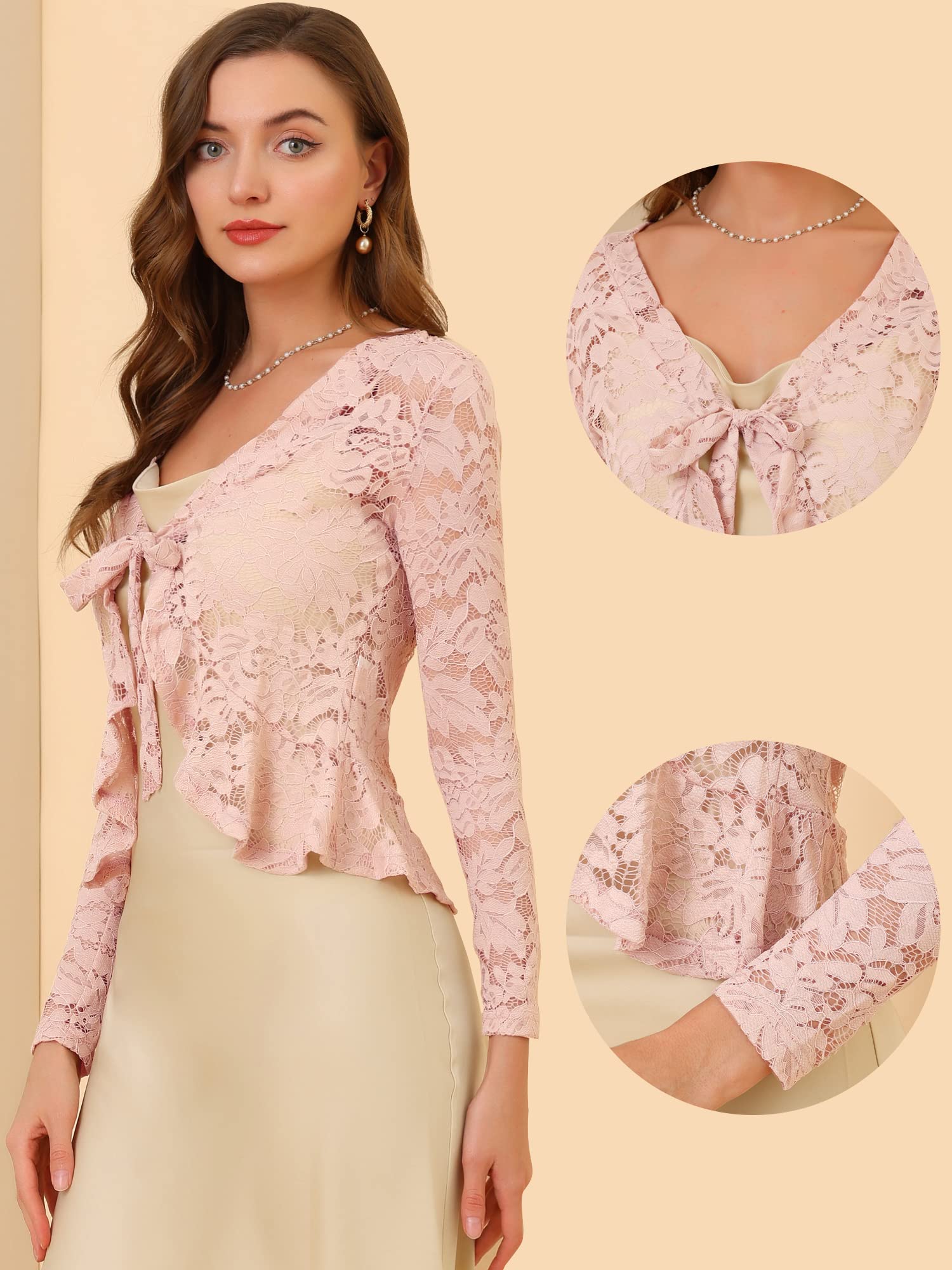 Allegra K Cárdigan Corto con Lazo para Mujer Fiesta y Cita Dobladillo con Volantes Top Transparente de Encaje Floral