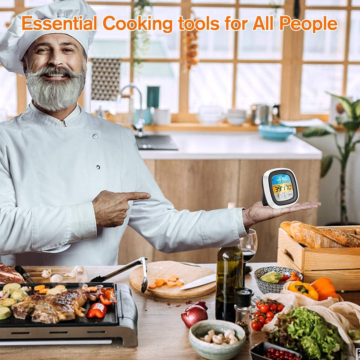 review Berytta Meat Thermometer,Digital Touchscreen Cooking Food Thermometer with LCD Backlight and Timer,One Probe Instant Read for Poultry Fish in Grill, Smoker, BBQ Kitchen Oven, Silver Digital