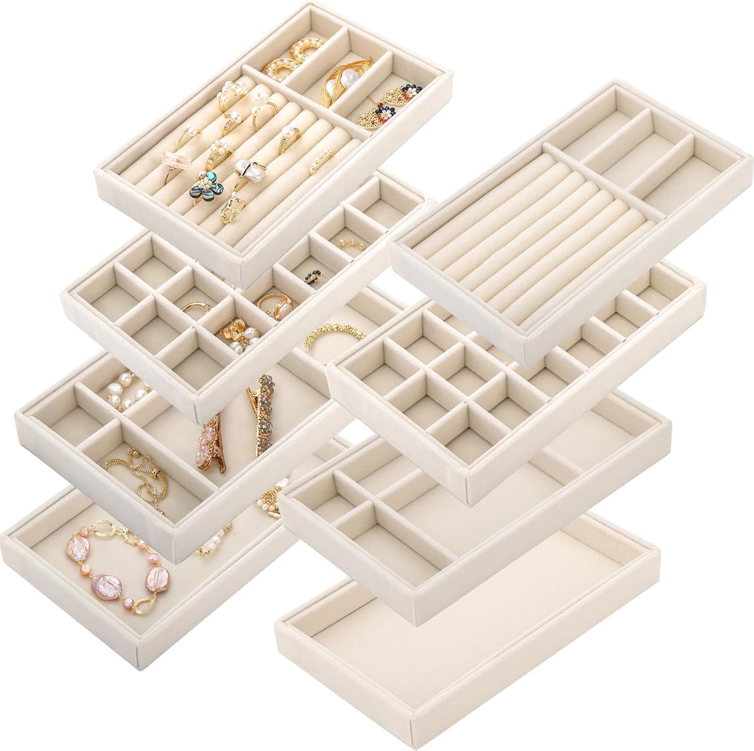 Elsjoy Set of 8 Velvet Jewelry Organiser Tray, Stackable Jewelry Tray Drawer Insert Divided Storage Holder, Necklace Bracelet Display Tray for Earring, Ring, Brooch, Watch, 8.3"x5"x1" Beige 4 Styles