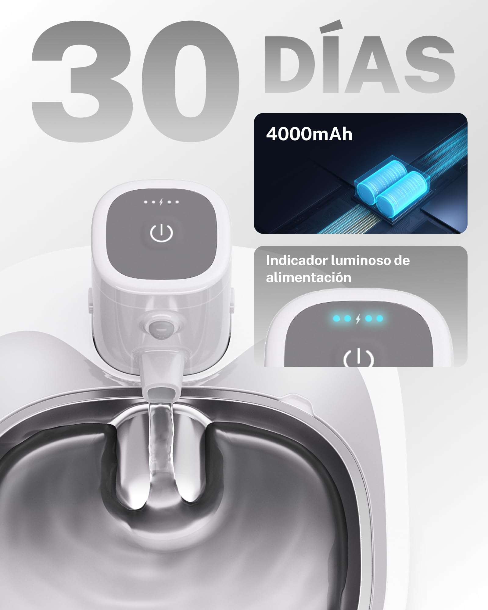 Homerunpet Fuente de Agua inalámbrica para Mascotas, Bandeja de Agua de Acero Inoxidable, Funciona con batería, dispensador automático portátil para Gatos y Perros, Seguro para lavavajillas