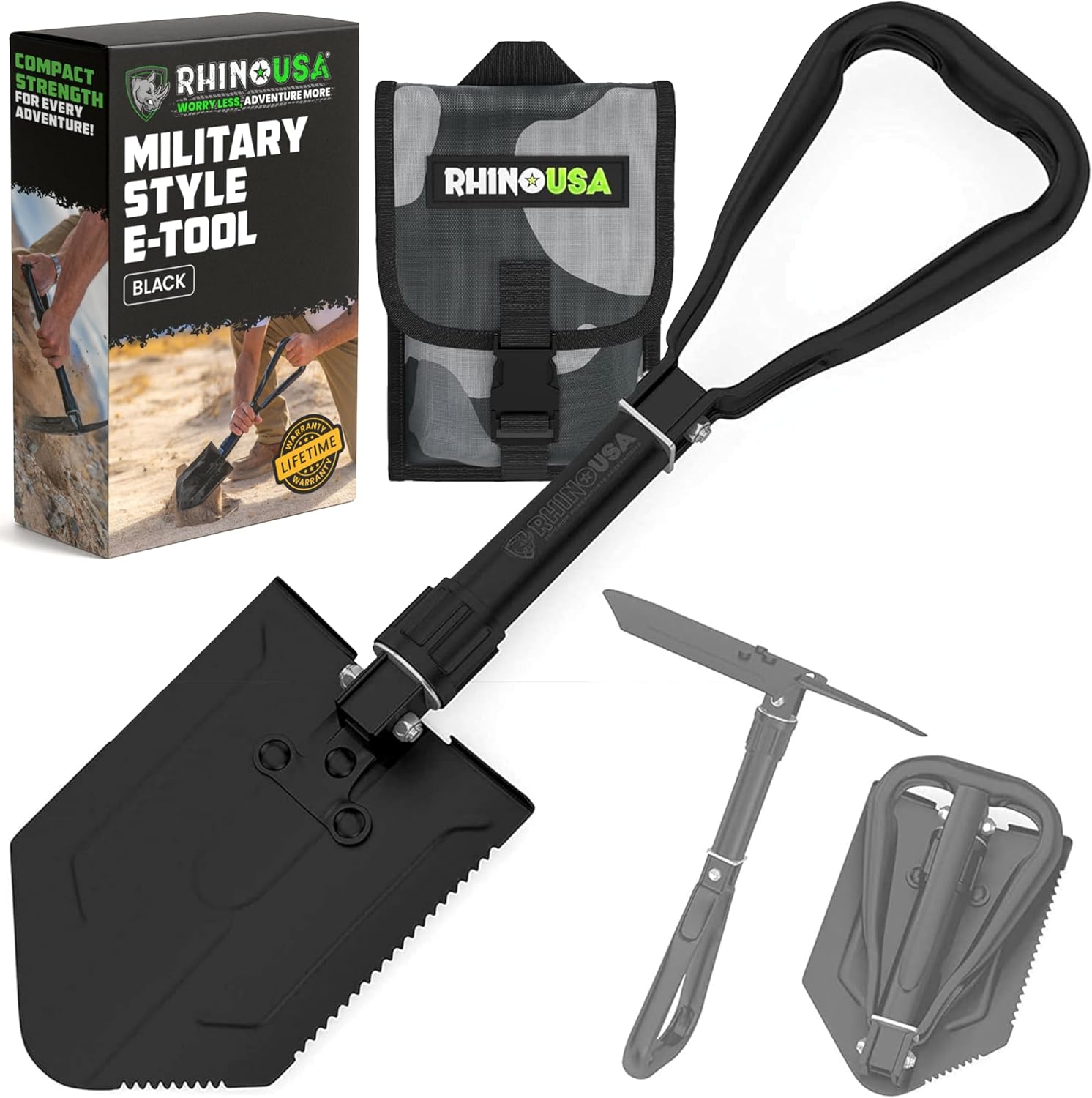 RHINO USA Folding Survival Shovel w/Pick - Heavy Duty Carbon Steel Military Style Entrenching Tool for Off Road