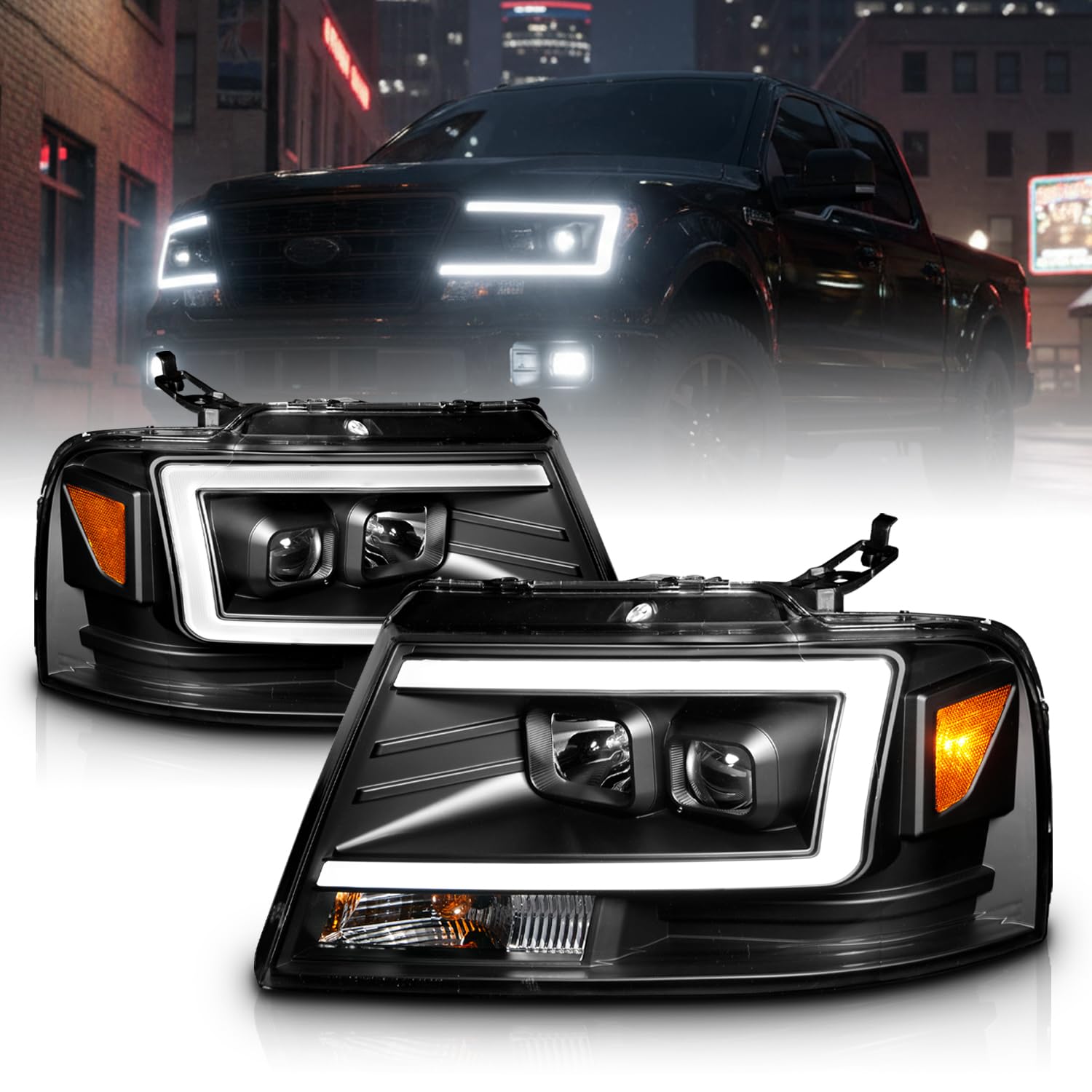 AmeriLite For 2004-2008 Ford F-150 Truck C-Type LED Tube Square Black Projector Headlights Assembly Pair - Driver and Passenger