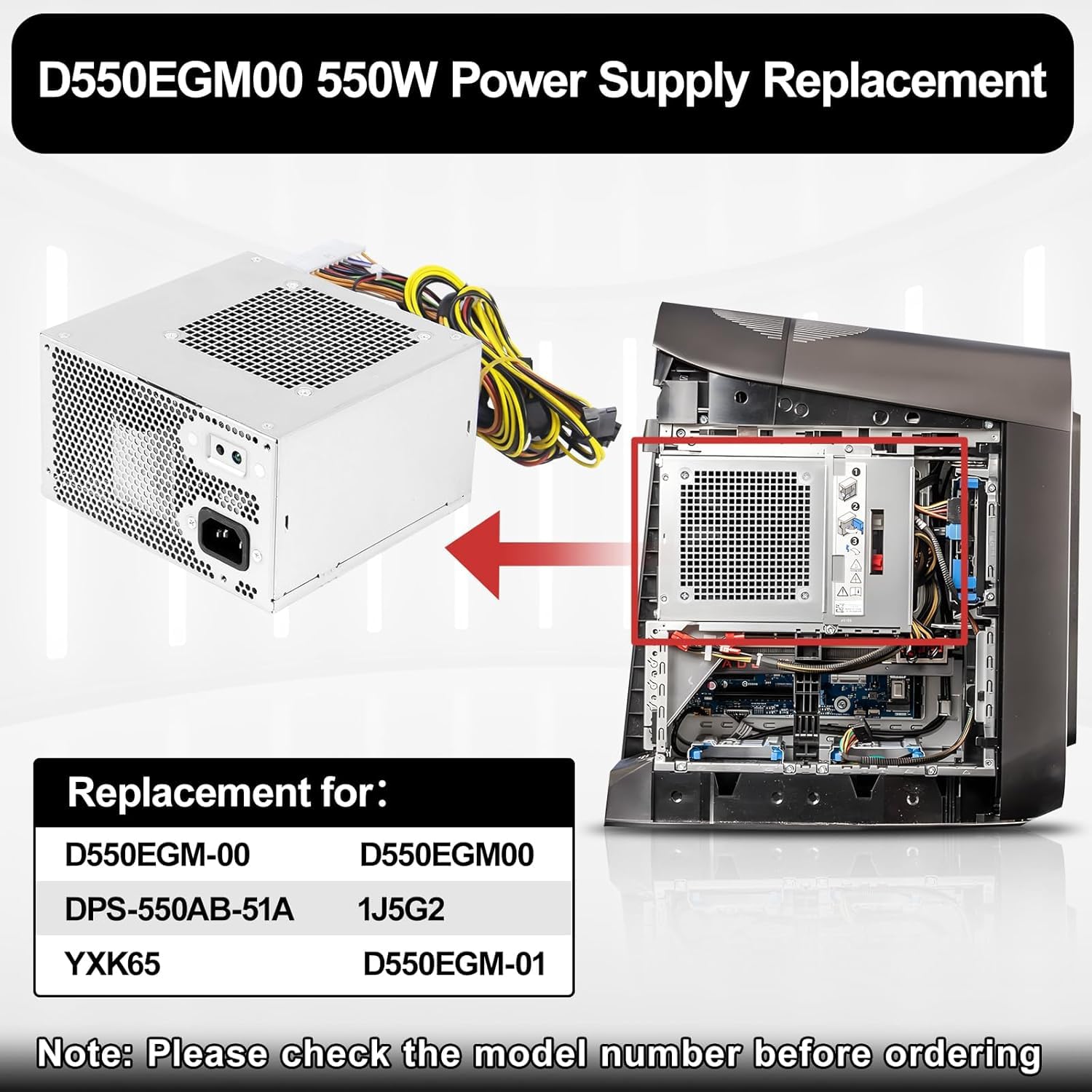 Fuente de alimentación D550EGM-01 de 550 W Compatible con Alienware Aurora R10, R11 y R12, DELL Precision 3630 y 3640 Sustitución de la Fuente de alimentación D550EGM-00, DPS-550AB-51A, 1J5G2 y YXK65