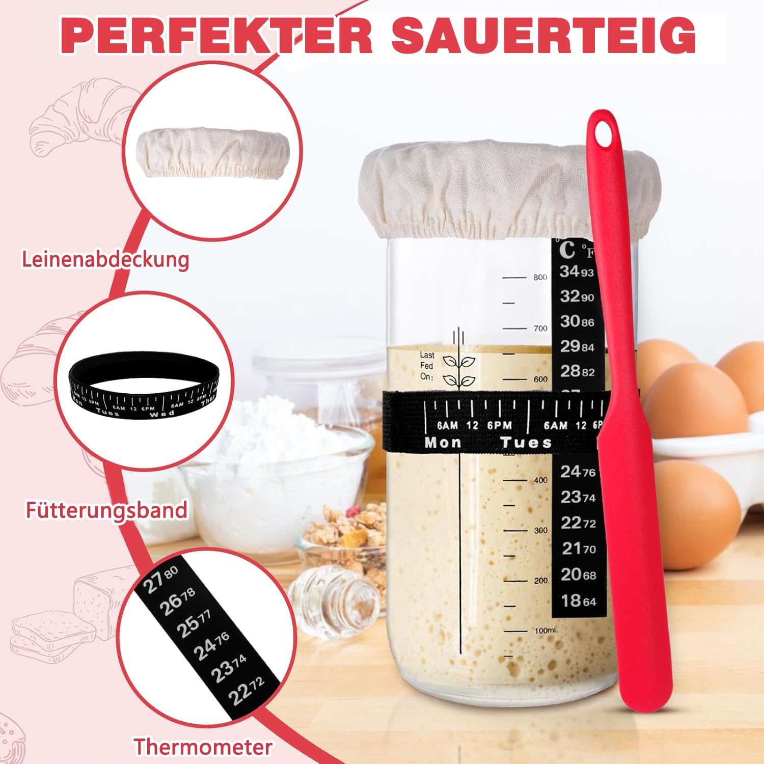 Sauerteig Starter Set, Gärkorb Brot Set mit 2 Gärkörbchen (23cm Runde & 25cm Ovale), Rattan, 1000ml Glasgefäß zur Sauerteiggärung, inkl. Teigschaber, Leineneinsatz, Brotschaber & mehr