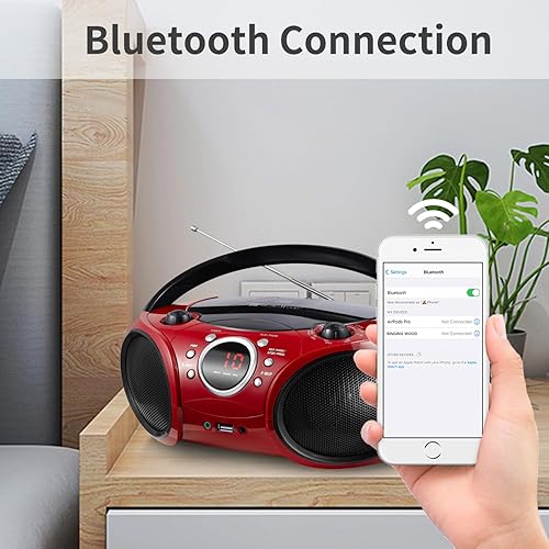 Miniatura 2 de SINGING WOOD 030B - Reproductor de CD portátil con Bluetooth para radio estéreo AM FM en el hogar, línea auxiliar, conector para auriculares, CA