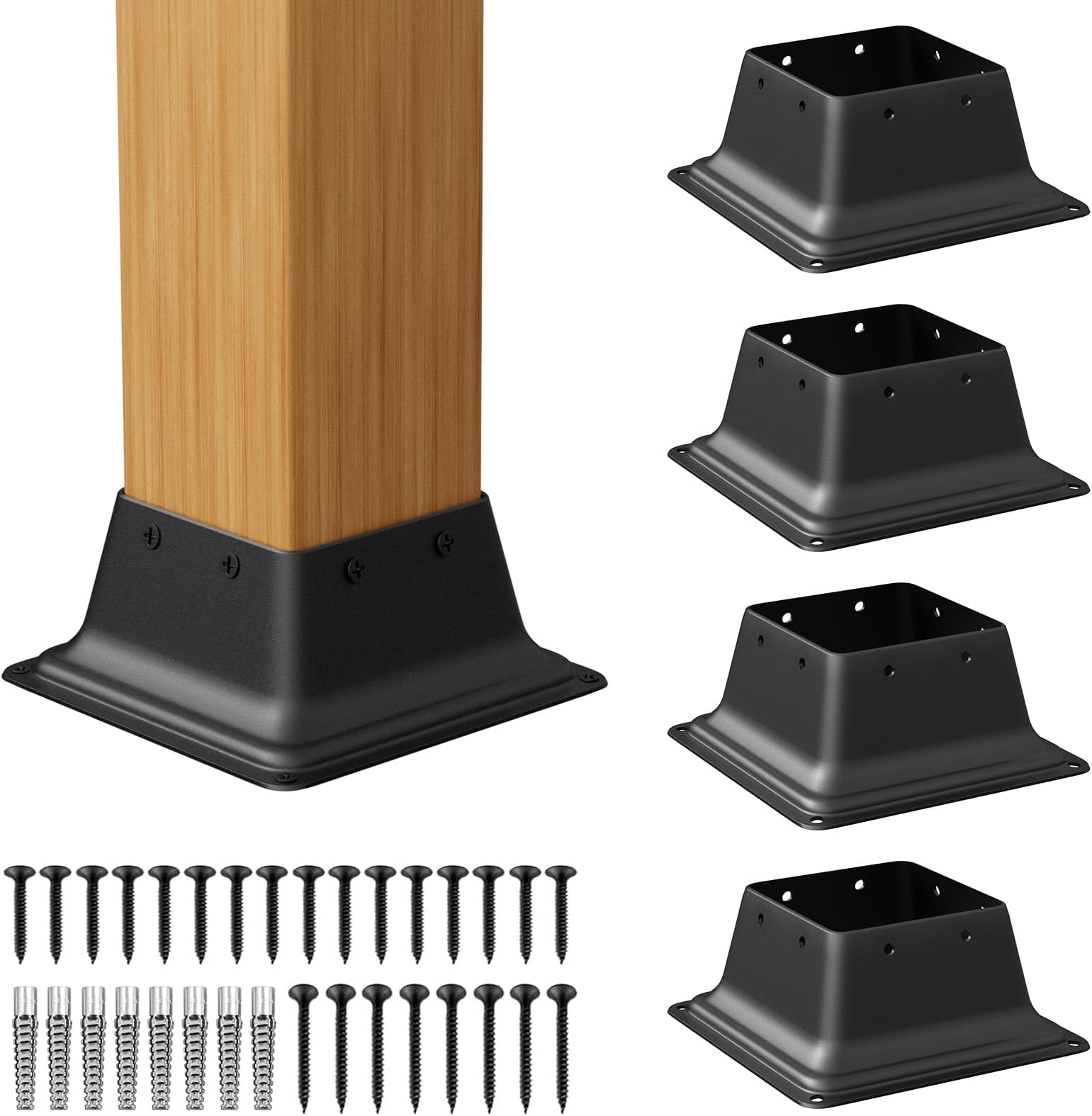 SPACEEUP 4x4 Post Base 5 Pcs Heavy Duty Steel Brackets Internal 3.6" x 3.6" Black Deck Cover Fit Standard Wood Anchor Sleeves