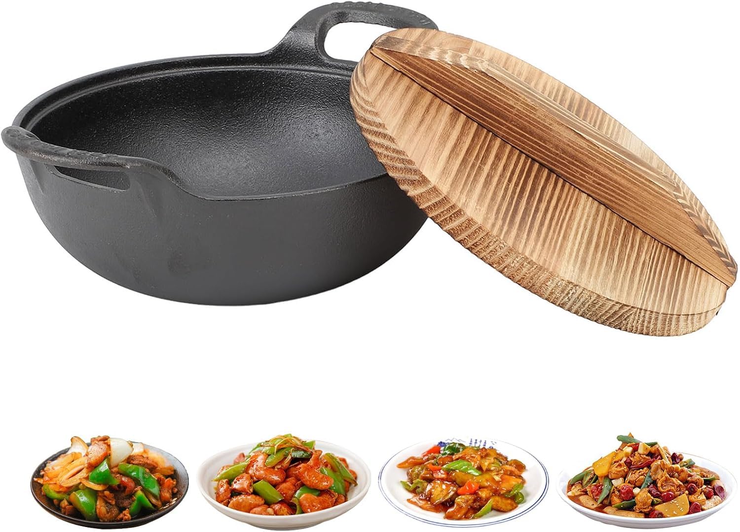TeamSky Wok Wok wok antiadherente de hierro fundido con tapa, sartén con parte inferior plana, utensilios de cocina tradicionales pequeños y resistentes sin revestimiento con asas integrales dobles