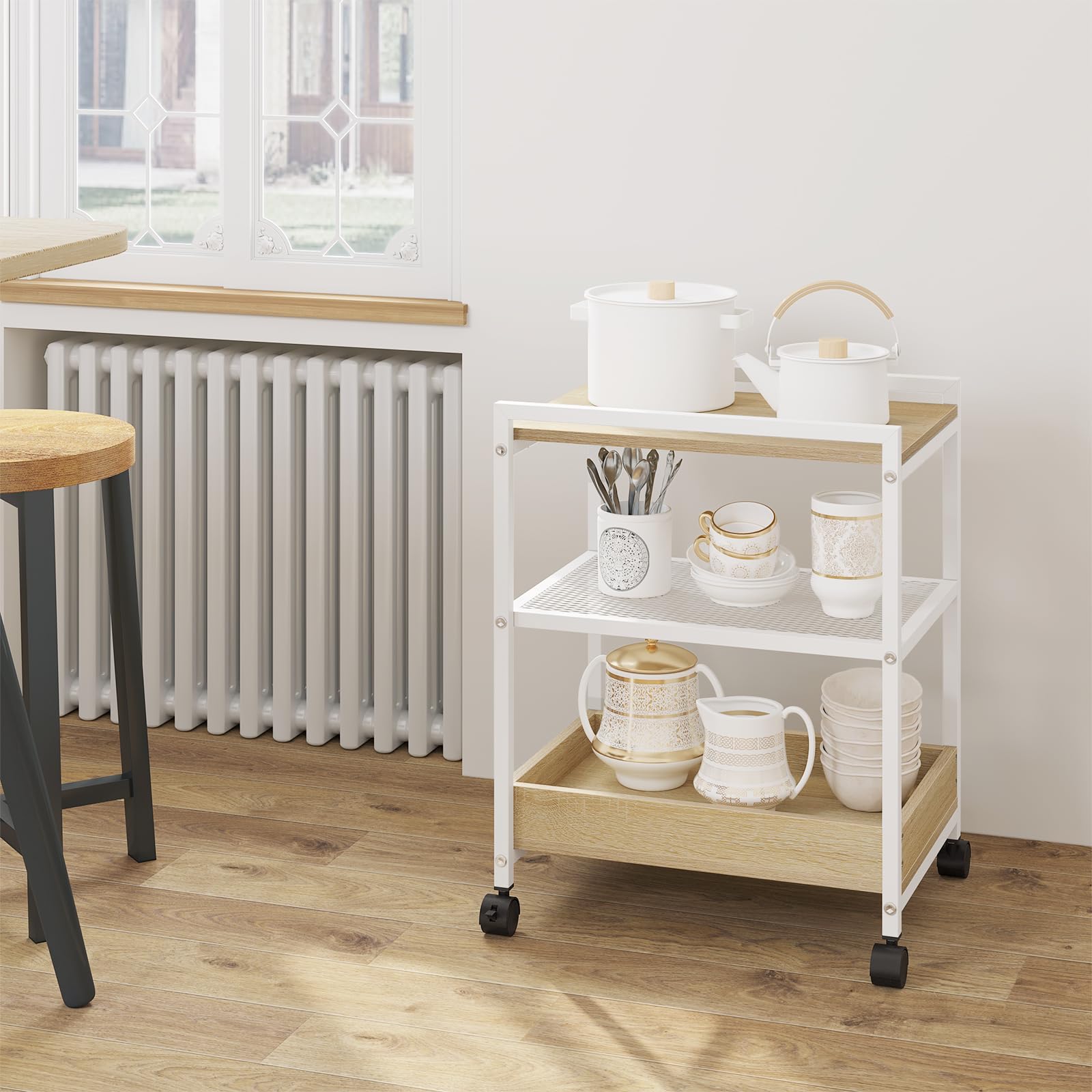 WOLTU Bijzettafel, salontafel, banktafel, nachtkastje, wieltjes, vergrendelbaar, 3 planken, afneembaar dienblad, metaal en hout, licht eiken wit, BTS09hei
