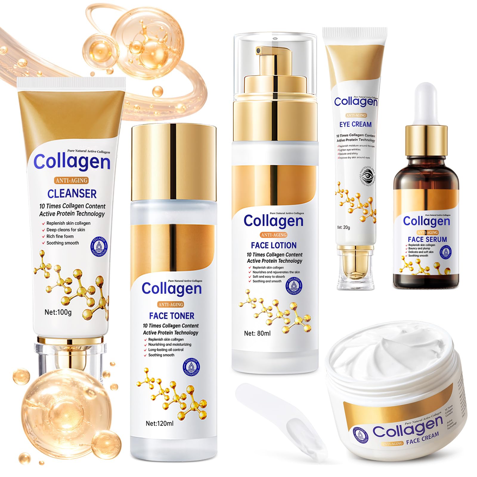 Collagen Skin Care Set, Anti Aging Skincare Set for Face, Shrink Pores, Hydrate & Firm Skin, 6 Pcs Individually Packaged Skincare Kits for Women with Cleanser, Toner, Lotion, Serum, Cream, Eye Cream.