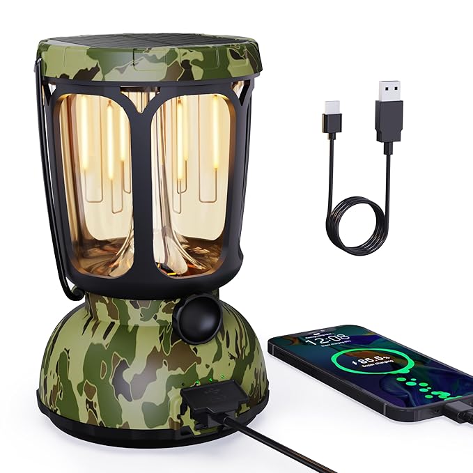 Raynic 6000 LED Camping Lantern, 650LM Hand Crank Solar Battery Powered Rechargeable Lantern