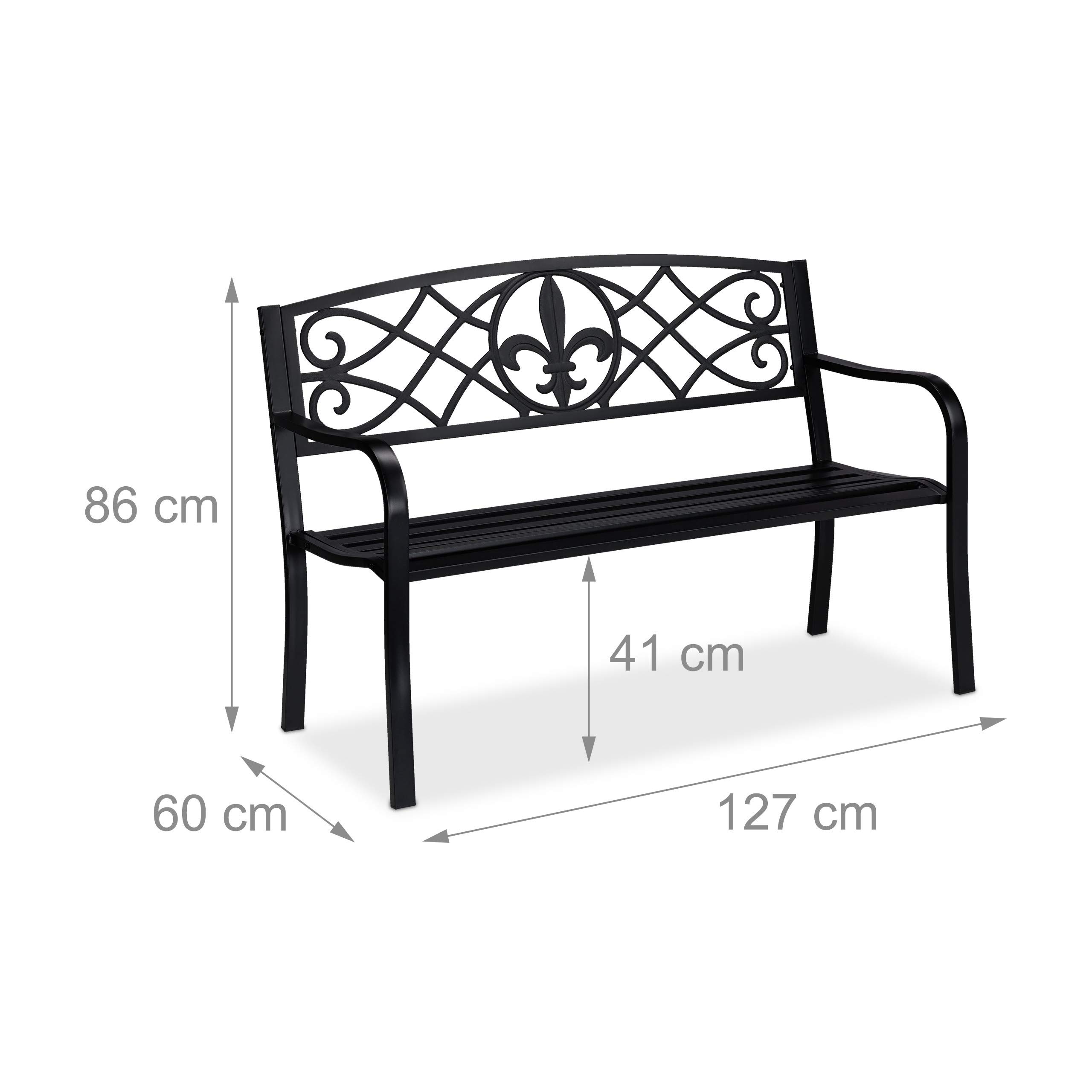 Relaxdays Panca da Giardino, con Giglio Decorativo, a 2 Posti, Acciaio, Arredamento Outdoor, 86 x 127 x 60 cm, Nero